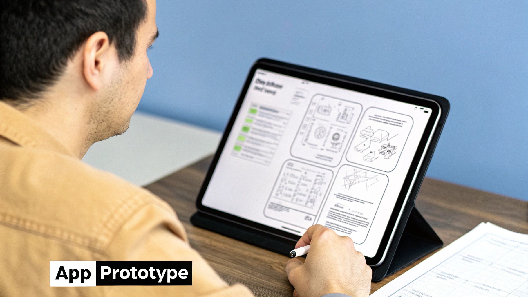 An image showing a UX designer working on mobile app wireframes and prototypes