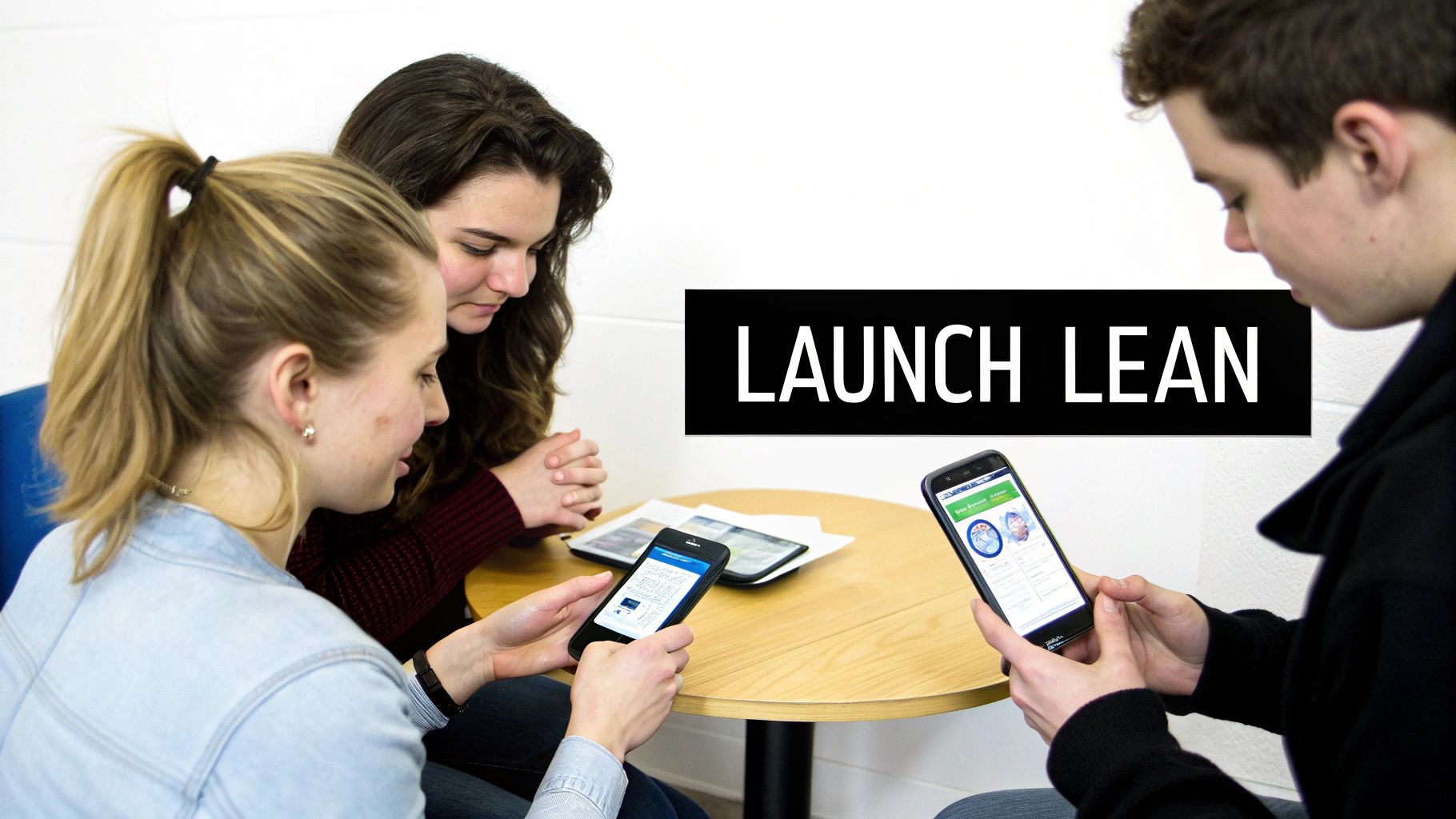 Three young individuals focused on smartphones and a tablet at a table, with a 'LAUNCH LEAN' banner.
