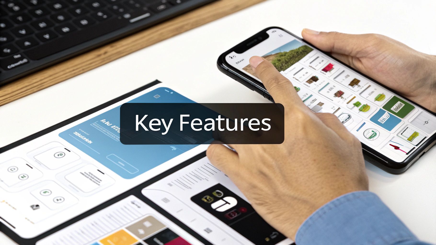 A close-up of a mobile app's user interface design being refined, with elements like buttons, images, and text placeholders visible.