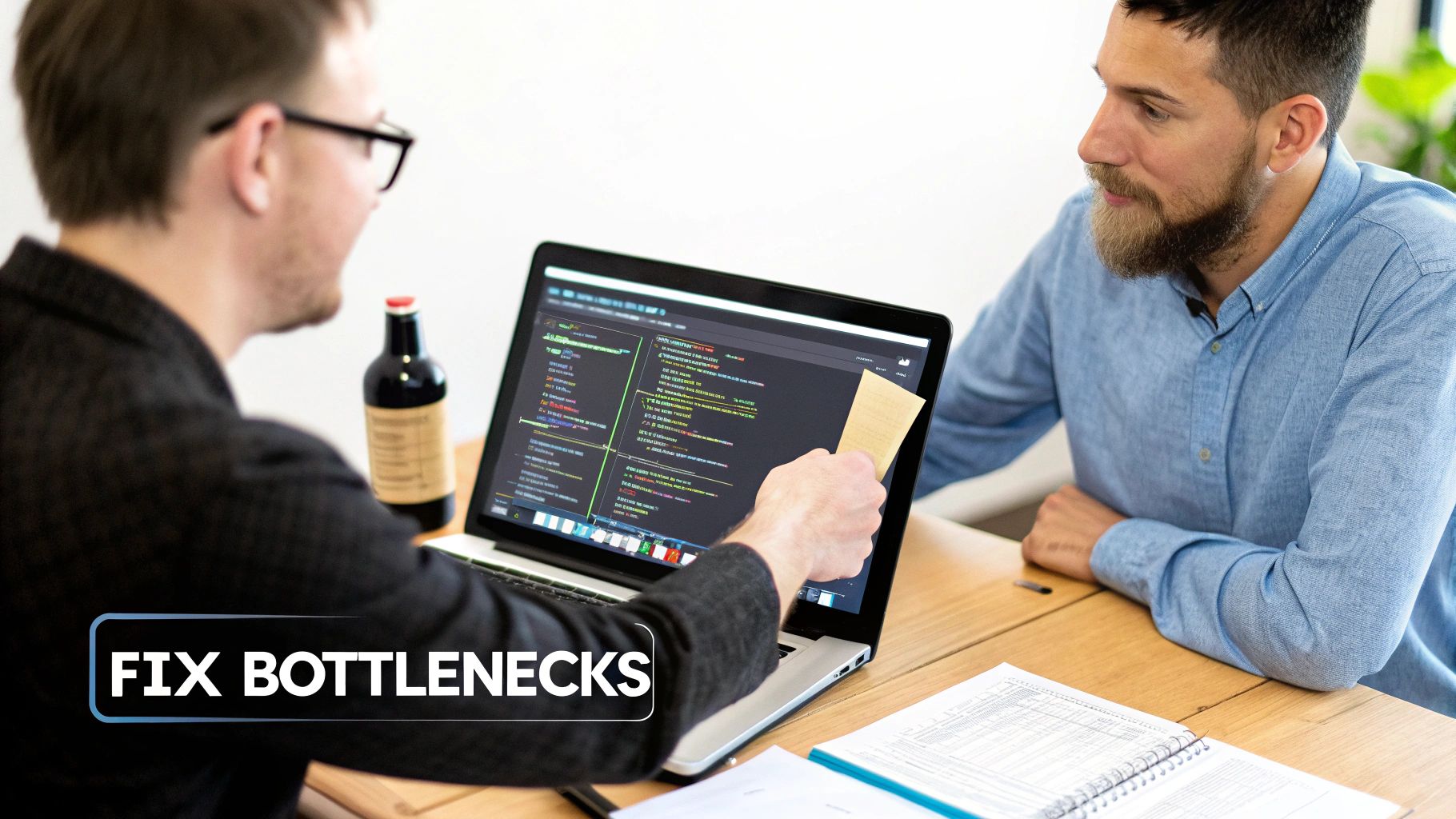 A messy desk with scattered papers and sticky notes, symbolizing disorganized and inefficient agency workflows.