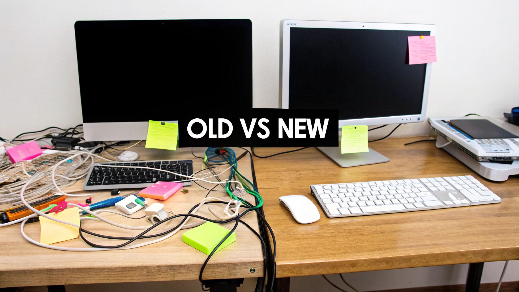 A split-screen image showing a messy, cluttered desk on one side and a clean, organized desk on the other, symbolizing the old vs new workflow.
