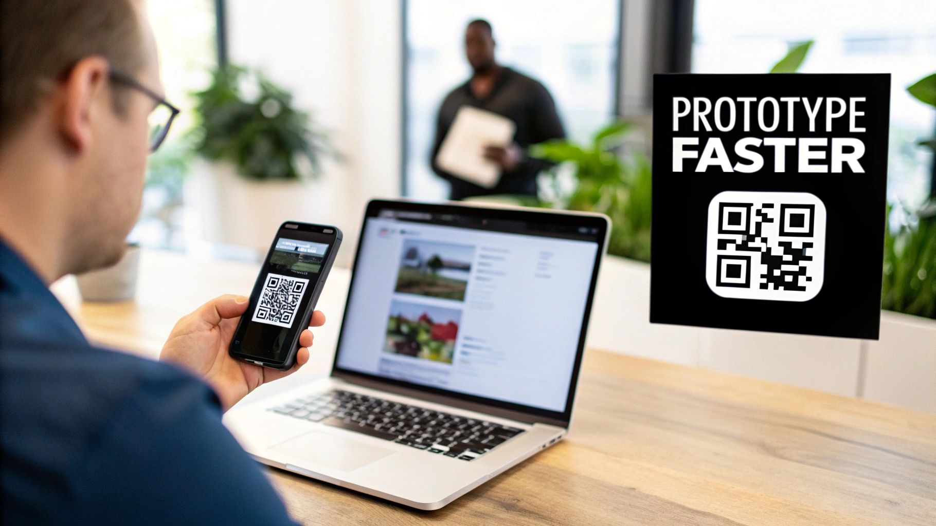 Person using smartphone to scan a QR code next to a laptop and 'Prototype Faster' sign.