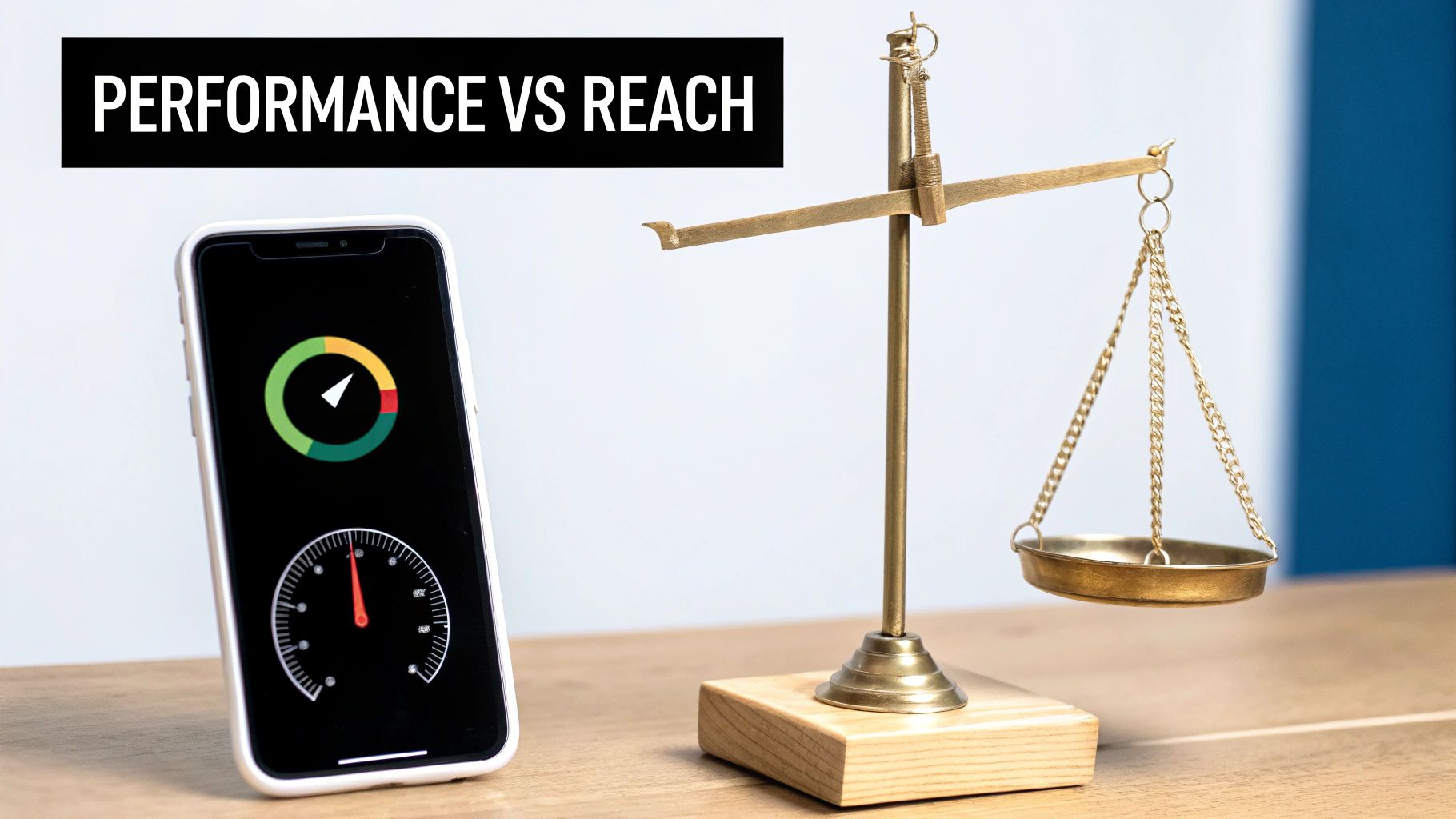 A smartphone showing performance gauges next to a classic balance scale, illustrating performance vs reach.