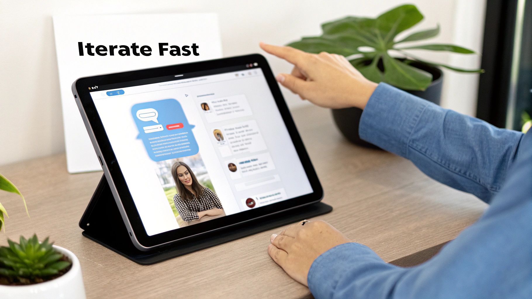 Person's hands interacting with a tablet displaying a chat application on a modern office desk.