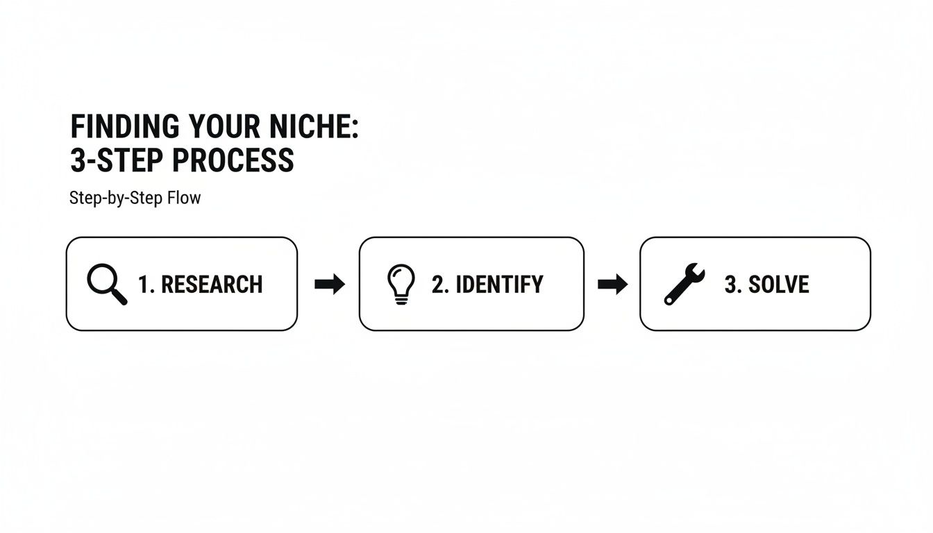 A 3-step process to find your niche, including research, identify, and solve.