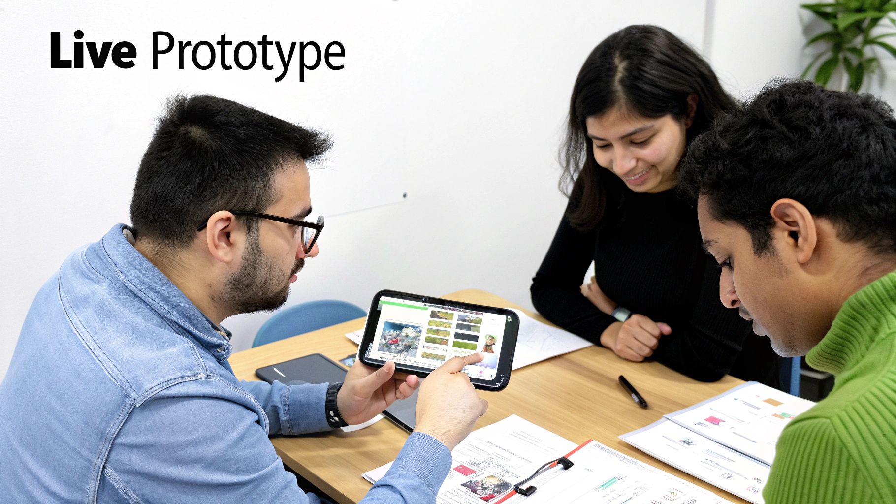 Three people discussing a mobile app prototype on a smartphone during a collaborative meeting.