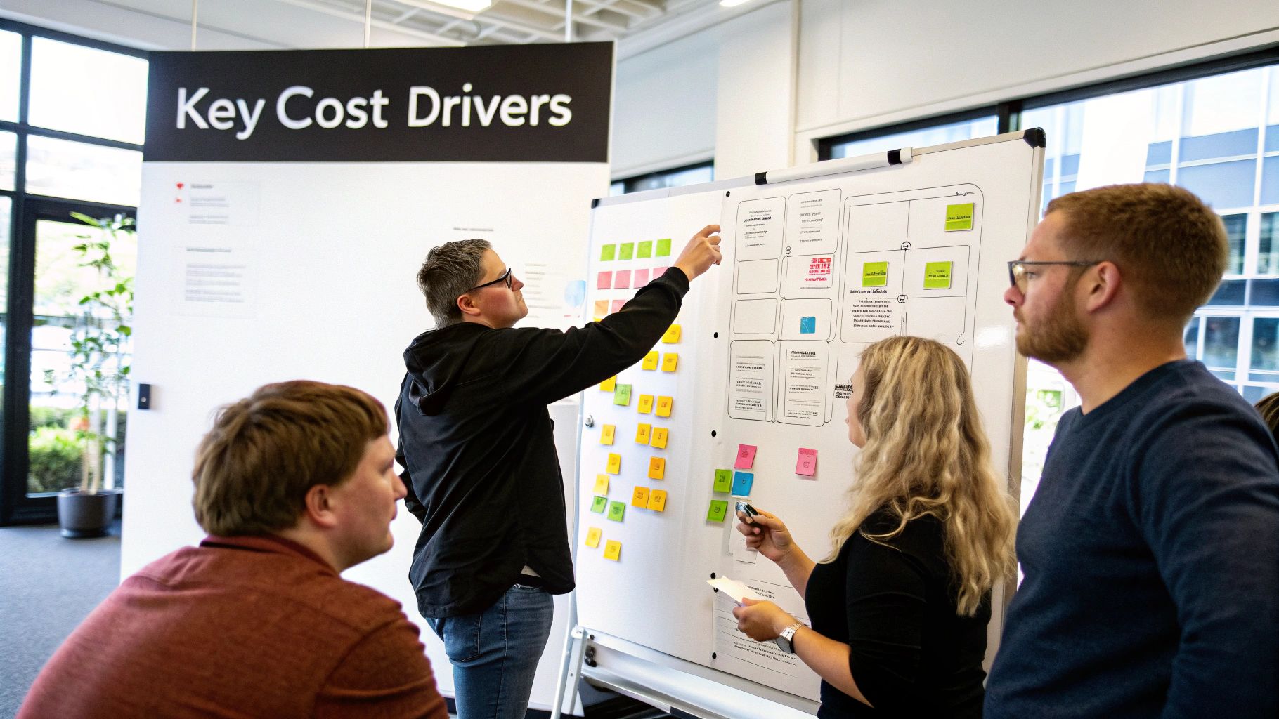 Developer hands on a laptop showing app mockups.