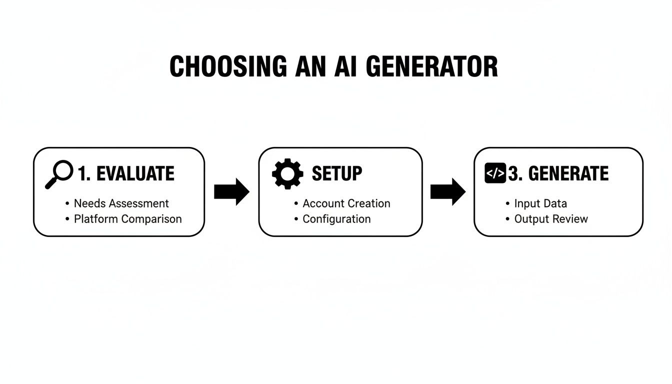 A flowchart outlining three steps for choosing an AI generator: Evaluate, Setup, and Generate.