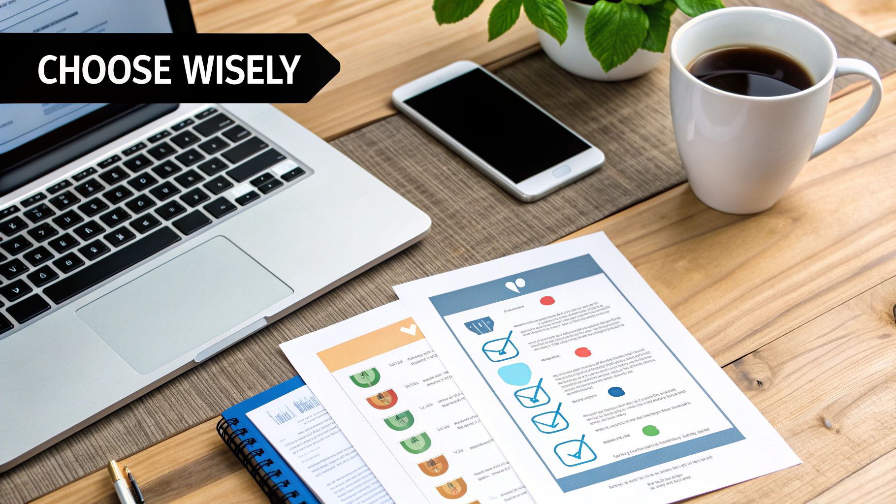 An overhead view of a wooden desk with a laptop, smartphone, coffee, plant, and documents, featuring a 'CHOOSE WISELY' banner.