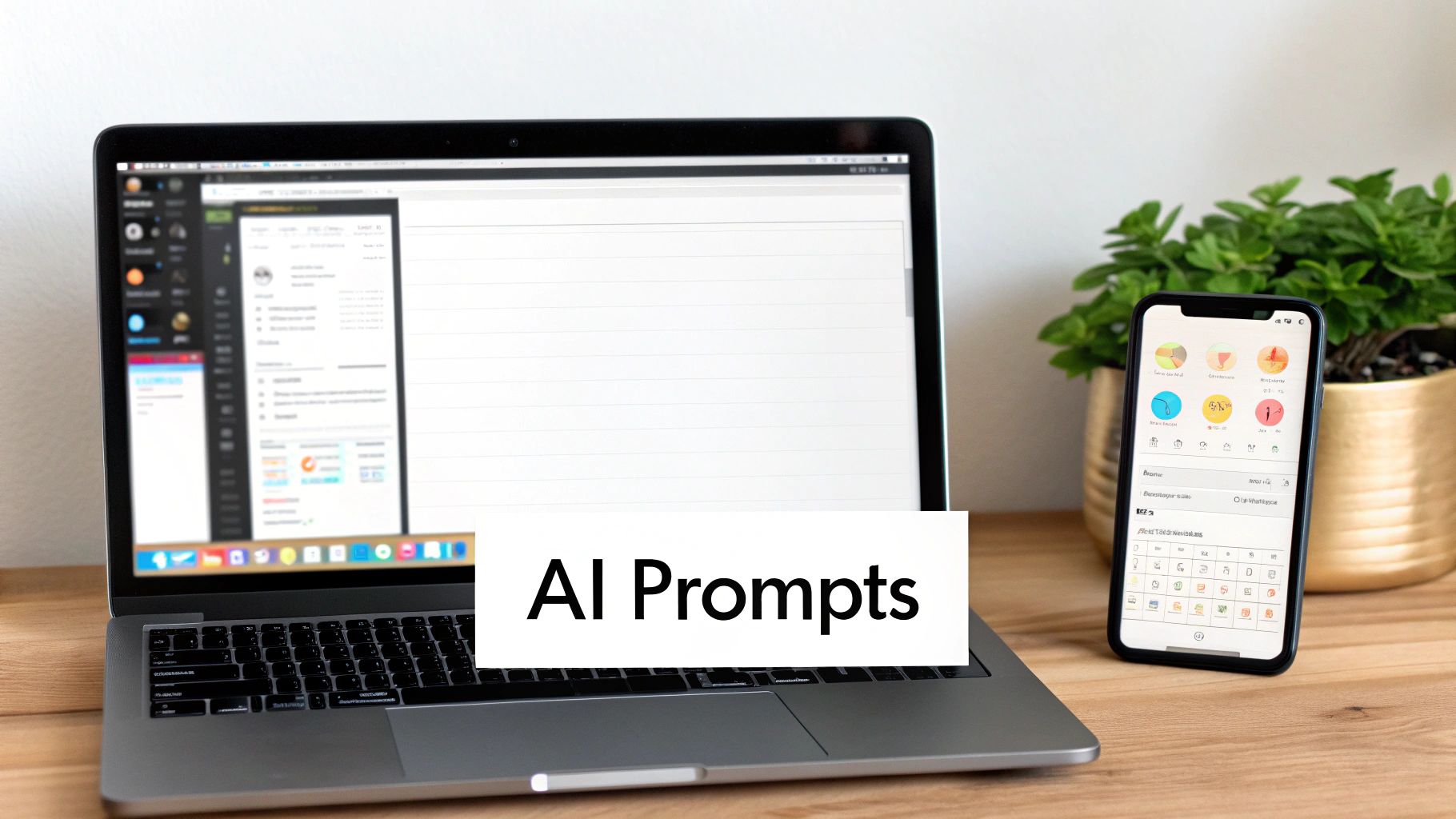 A laptop, smartphone, and 'AI Prompts' card on a wooden desk, with a green plant.