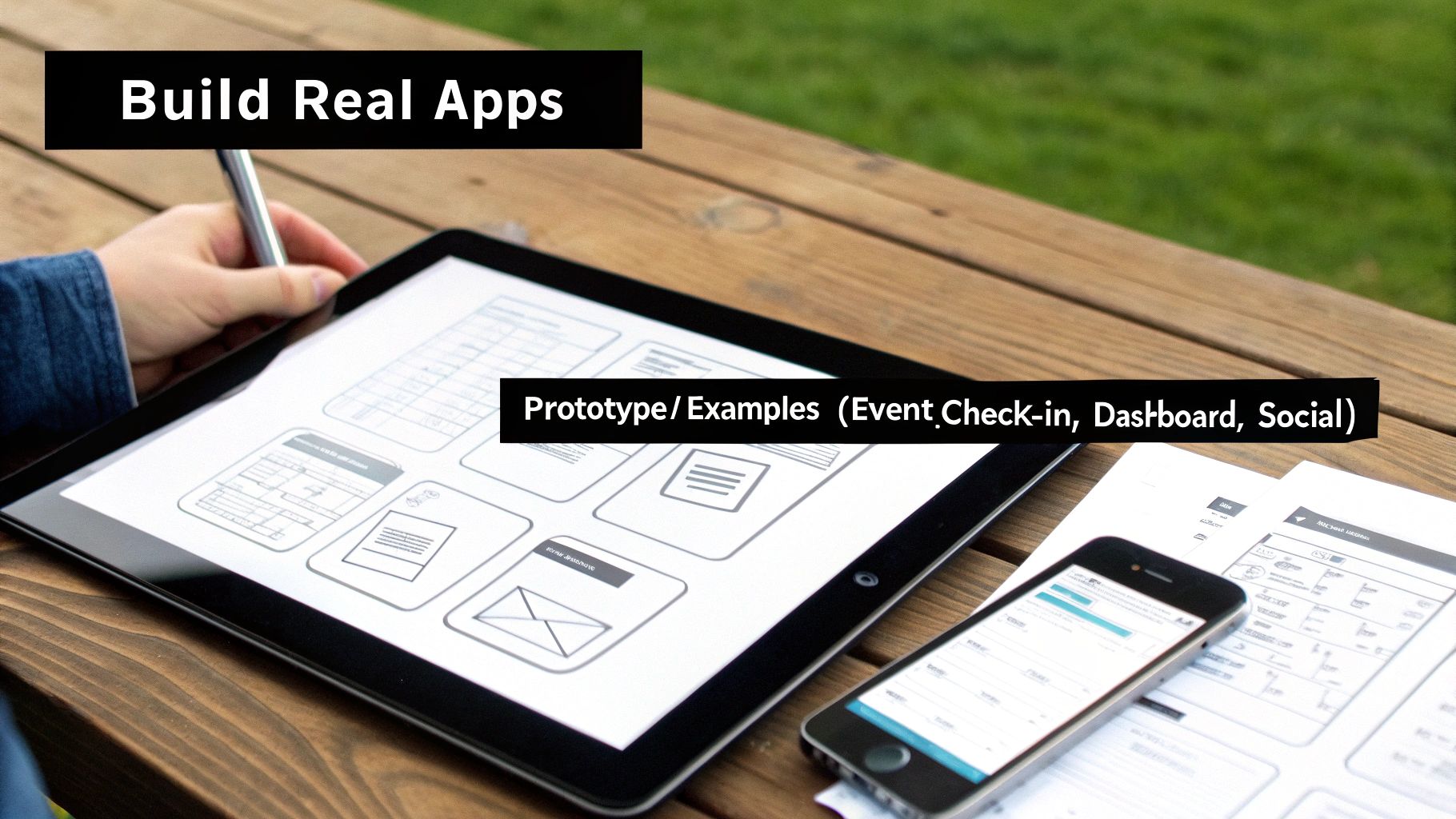 App development workspace showing tablet with wireframe designs and smartphone displaying mobile app prototypes