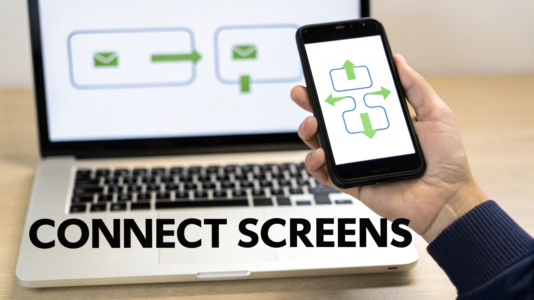 Person holding smartphone displaying cloud sync icons with laptop showing email workflow diagram