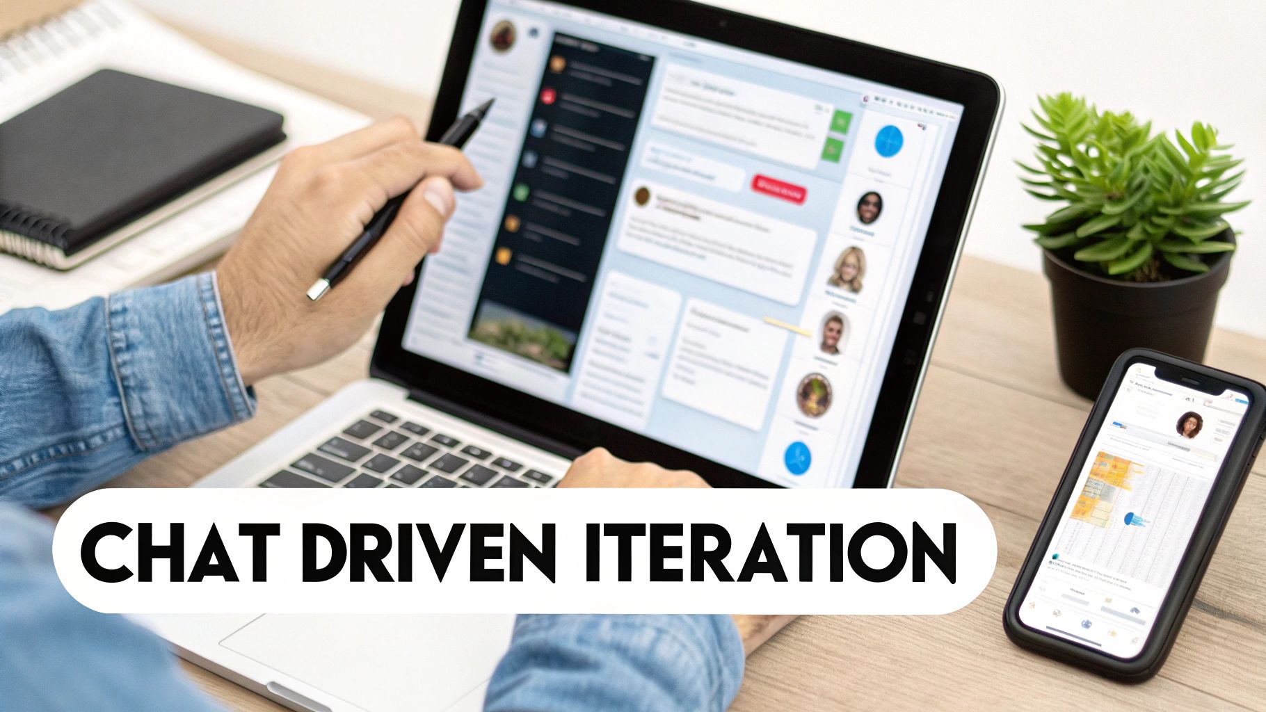 A person's hands interacting with a laptop and smartphone, both displaying chat-driven project management interfaces.