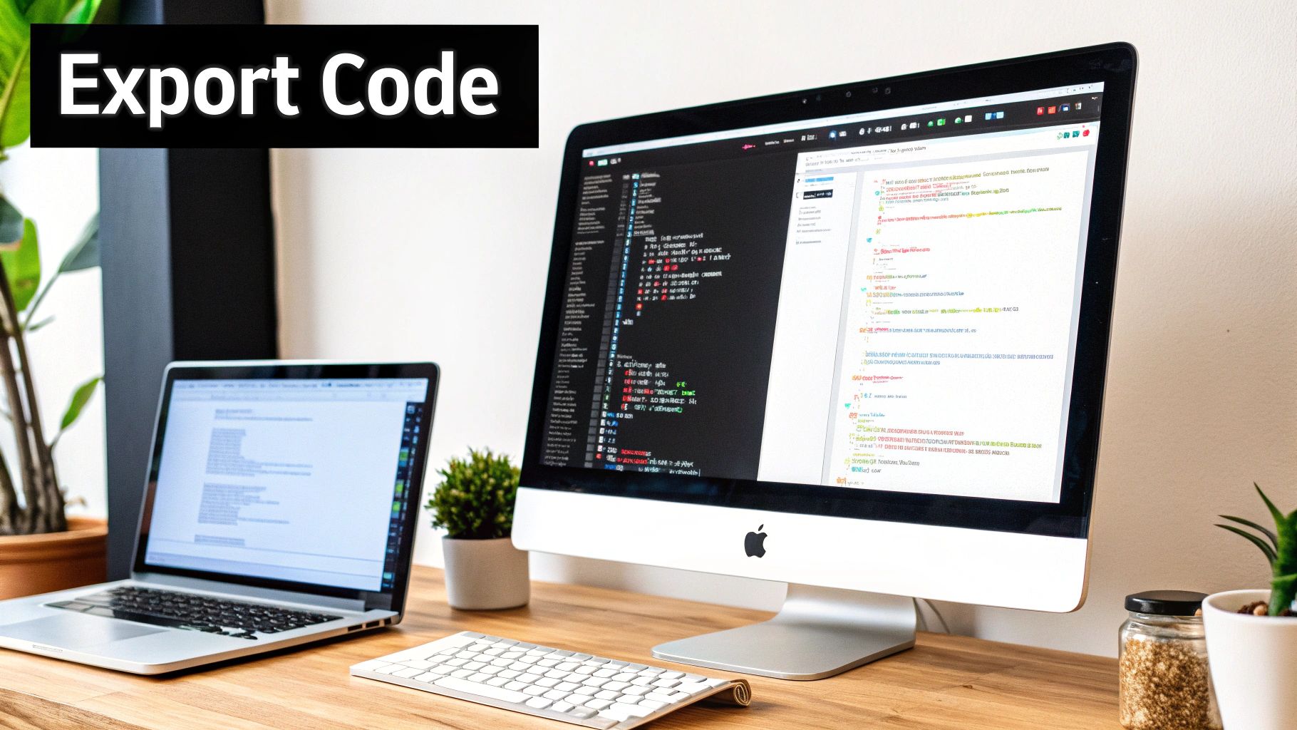 A developer's desk with a laptop showing code and a smartphone displaying a mobile app UI