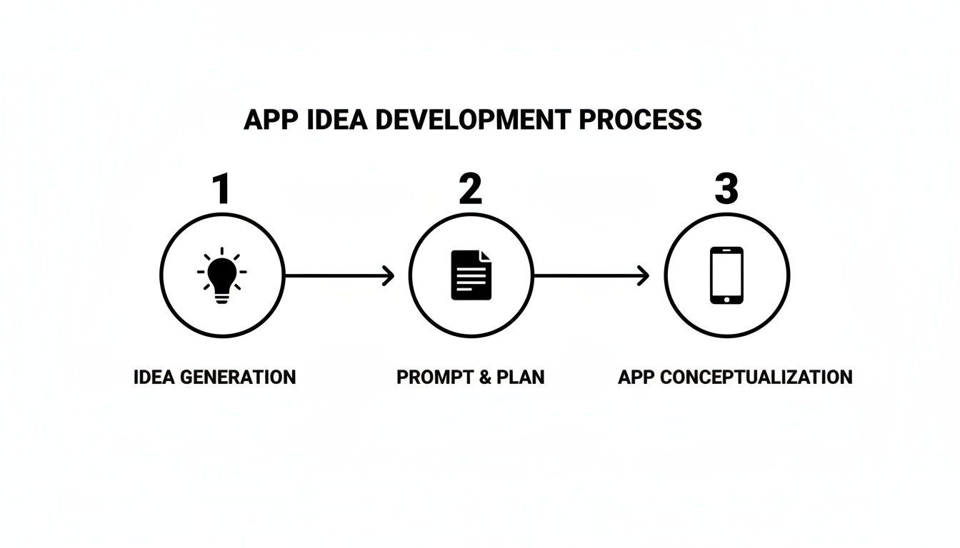 A diagram illustrating the three-step app idea development process: generation, planning, and conceptualization.