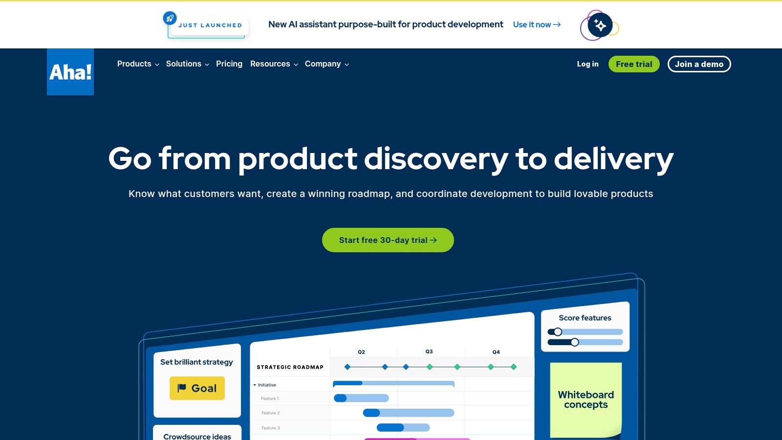 Aha! showing its AI-powered writing assistant creating a product requirements document.