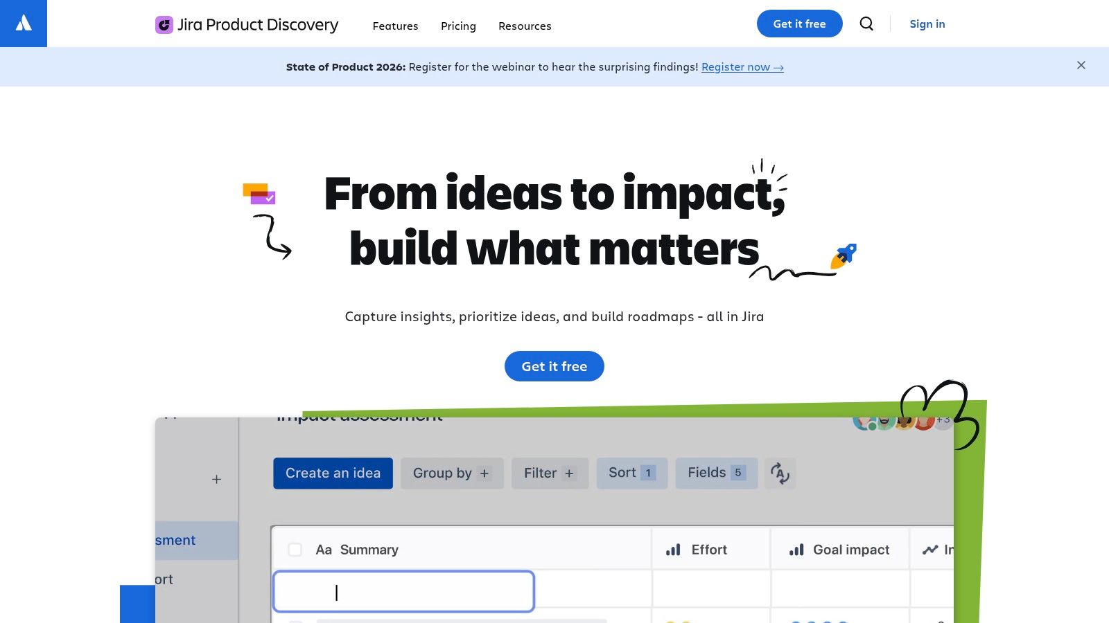 Atlassian – Jira Product Discovery + Atlassian Intelligence's board view showing idea prioritization and roadmapping.