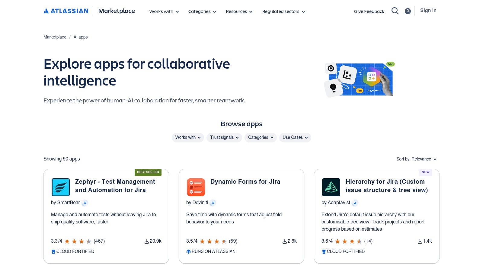 The Atlassian Marketplace showcasing its curated collection of AI and Rovo-powered apps.