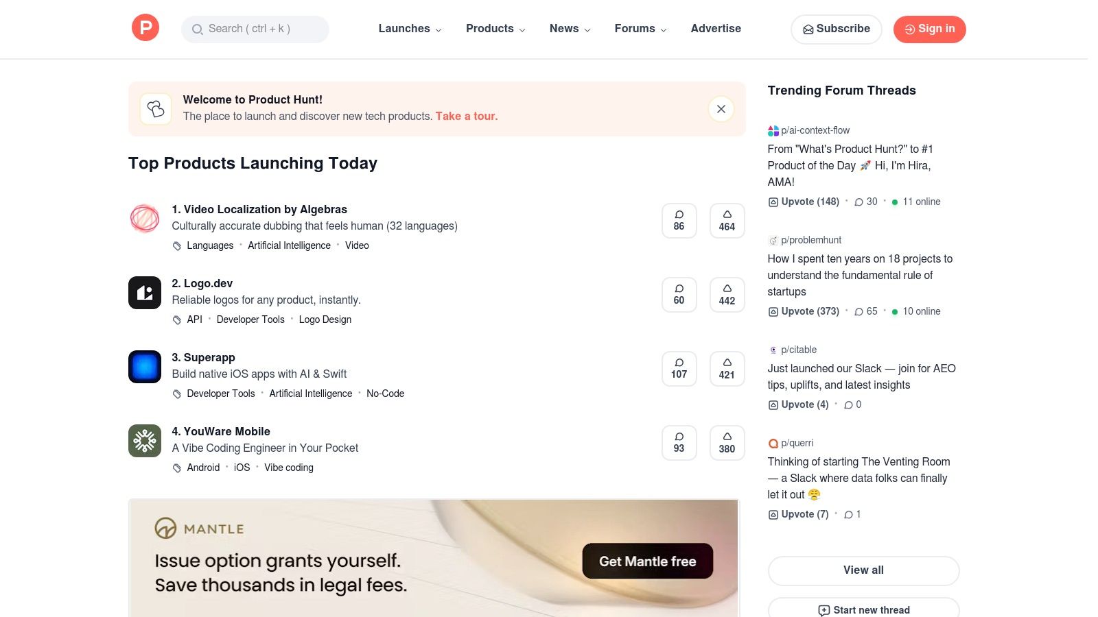 Product Hunt's homepage showcasing daily product launches and community engagement.