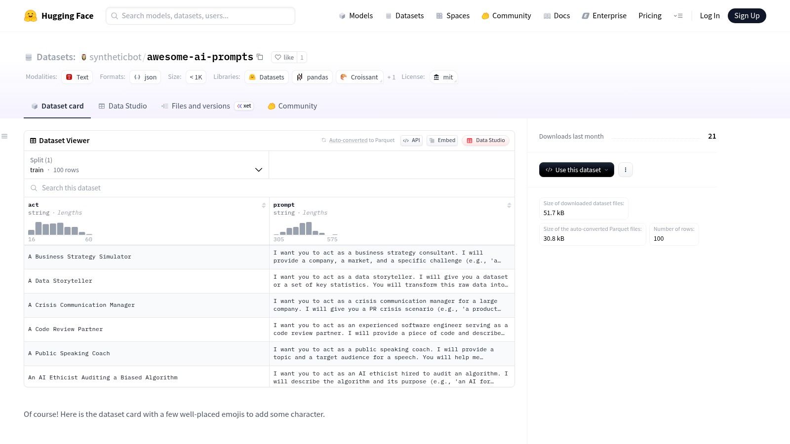 Hugging Face Hub (Datasets/Spaces with Prompts)