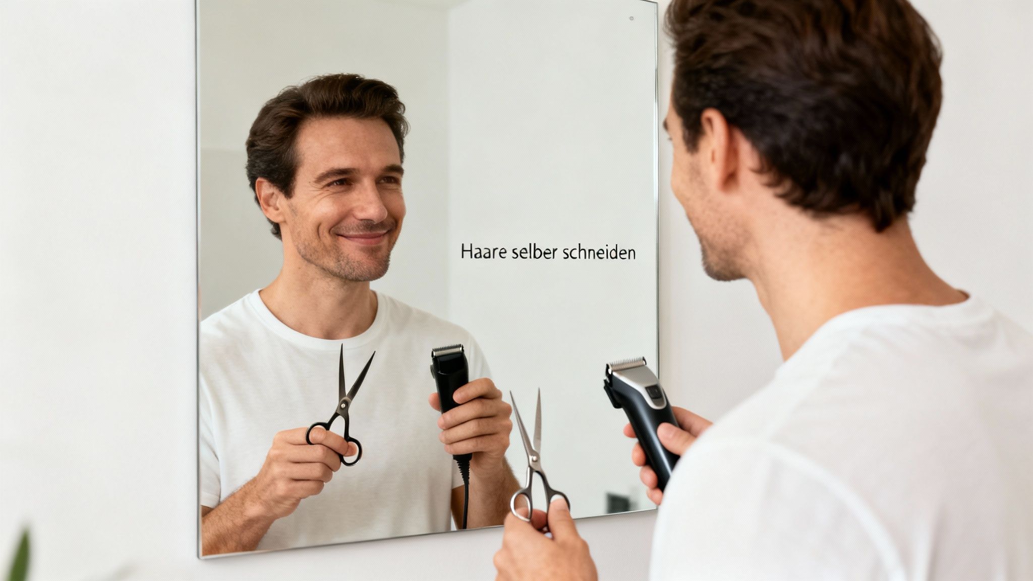 Ein lächelnder Mann im Spiegelbild hält Schere und Haarschneider, bereit, sich die Haare selbst zu schneiden.
