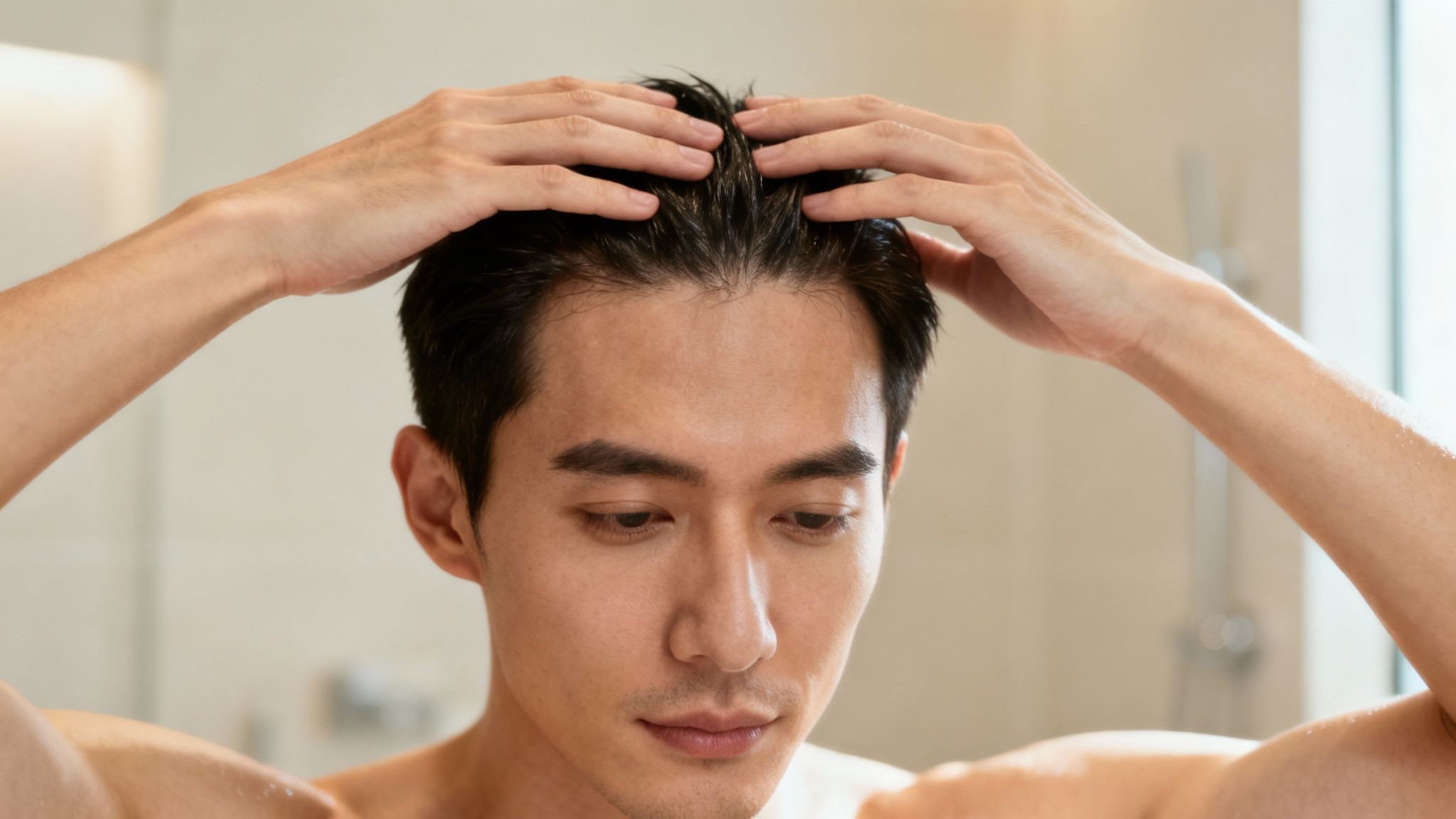 Junger asiatischer Mann massiert seine nassen Haare im Badezimmer, pflegt sie nach dem Waschen.