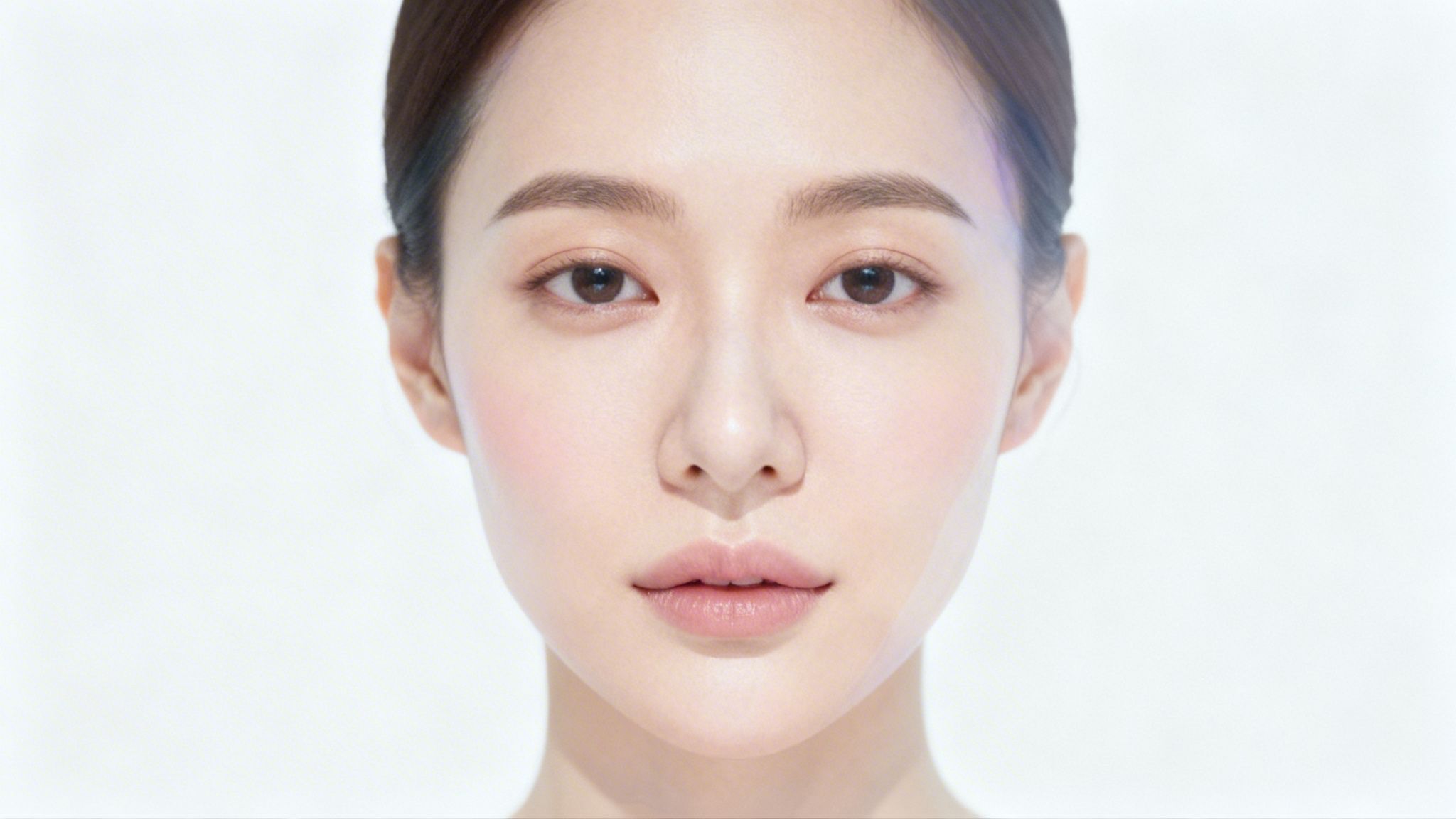 Nahaufnahme eines Frauenporträts mit makelloser Haut und leichtem Make-up vor einem hellen Hintergrund.