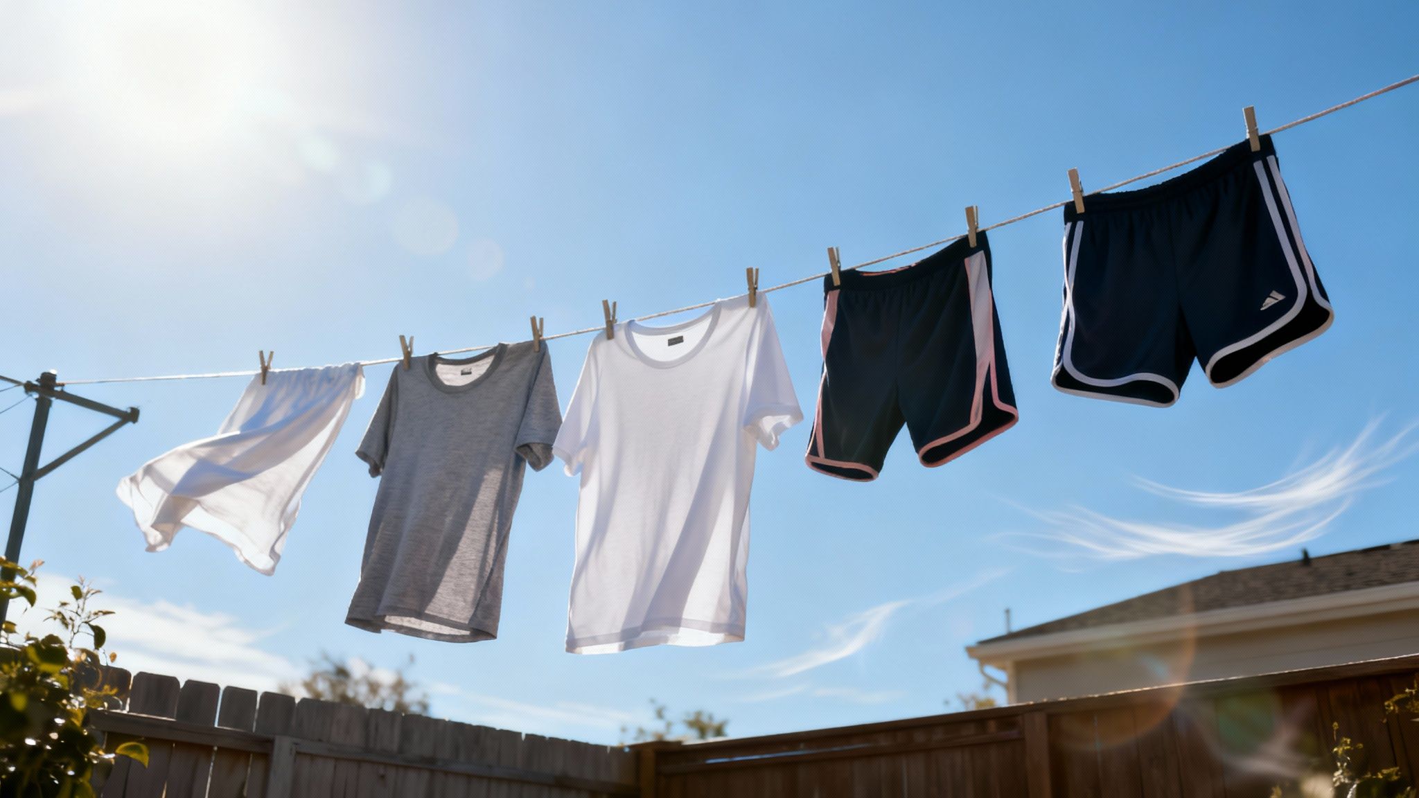 Kleidung hängt an einer Wäscheleine im Sonnenschein unter blauem Himmel, bereit zum Trocknen.