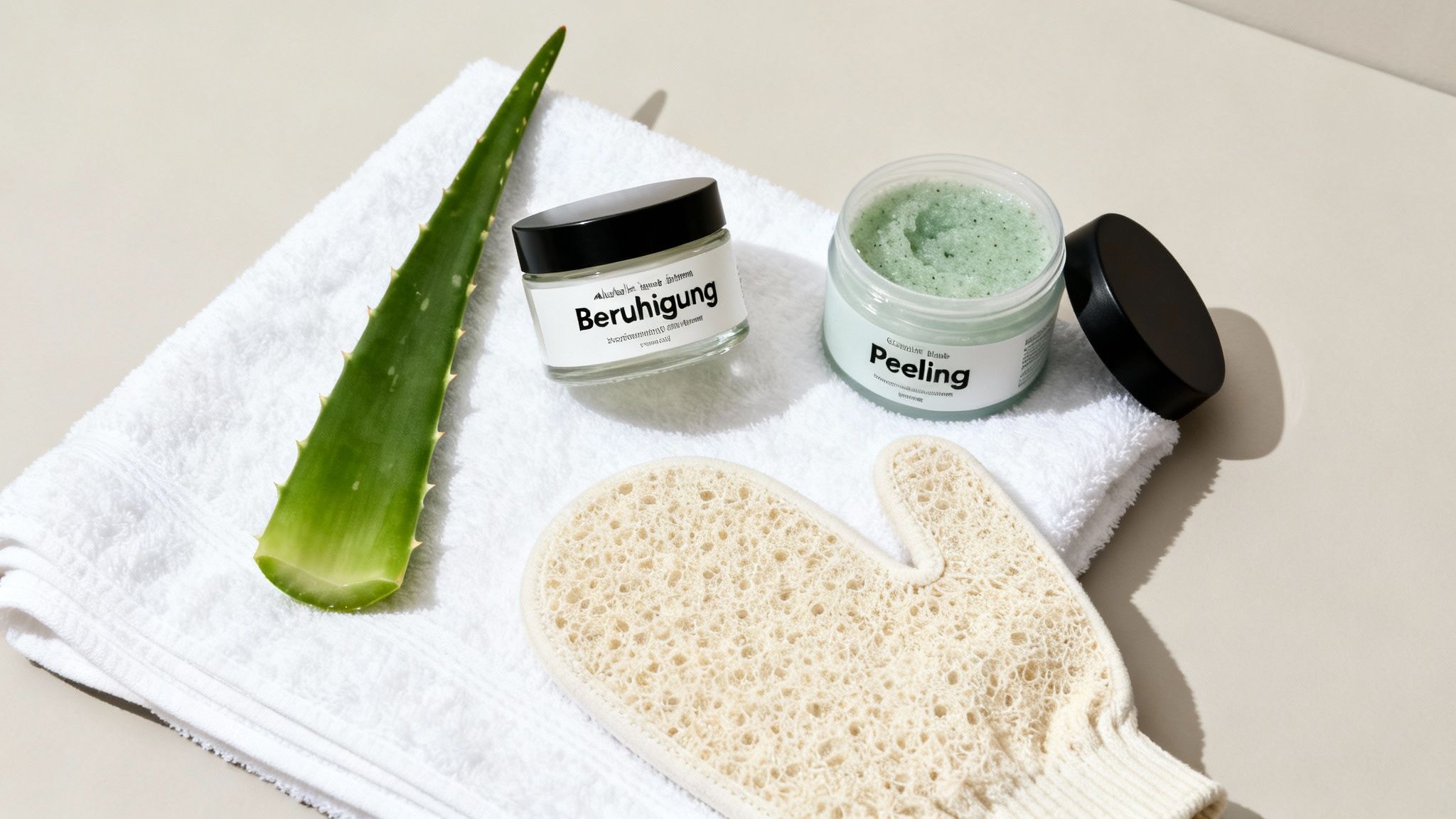 Auf einem weißen Handtuch liegen ein Aloe Vera Blatt, zwei Kosmetikdosen und ein Peelinghandschuh, bereit für die Hautpflege.