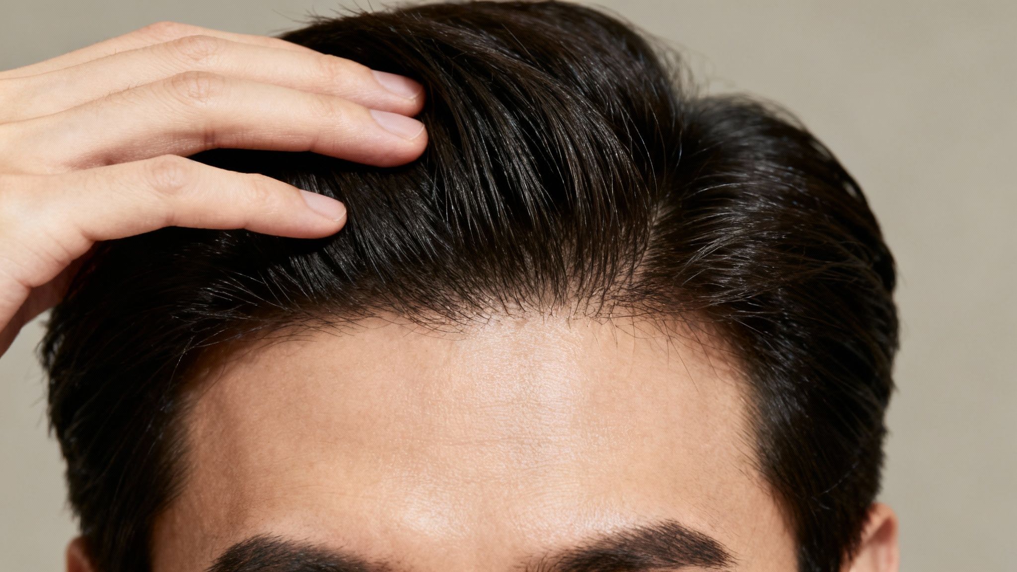 Nahaufnahme von einem Mann, der sich ins glänzende, gesunde Haar greift, um die Kopfhaut zu zeigen.