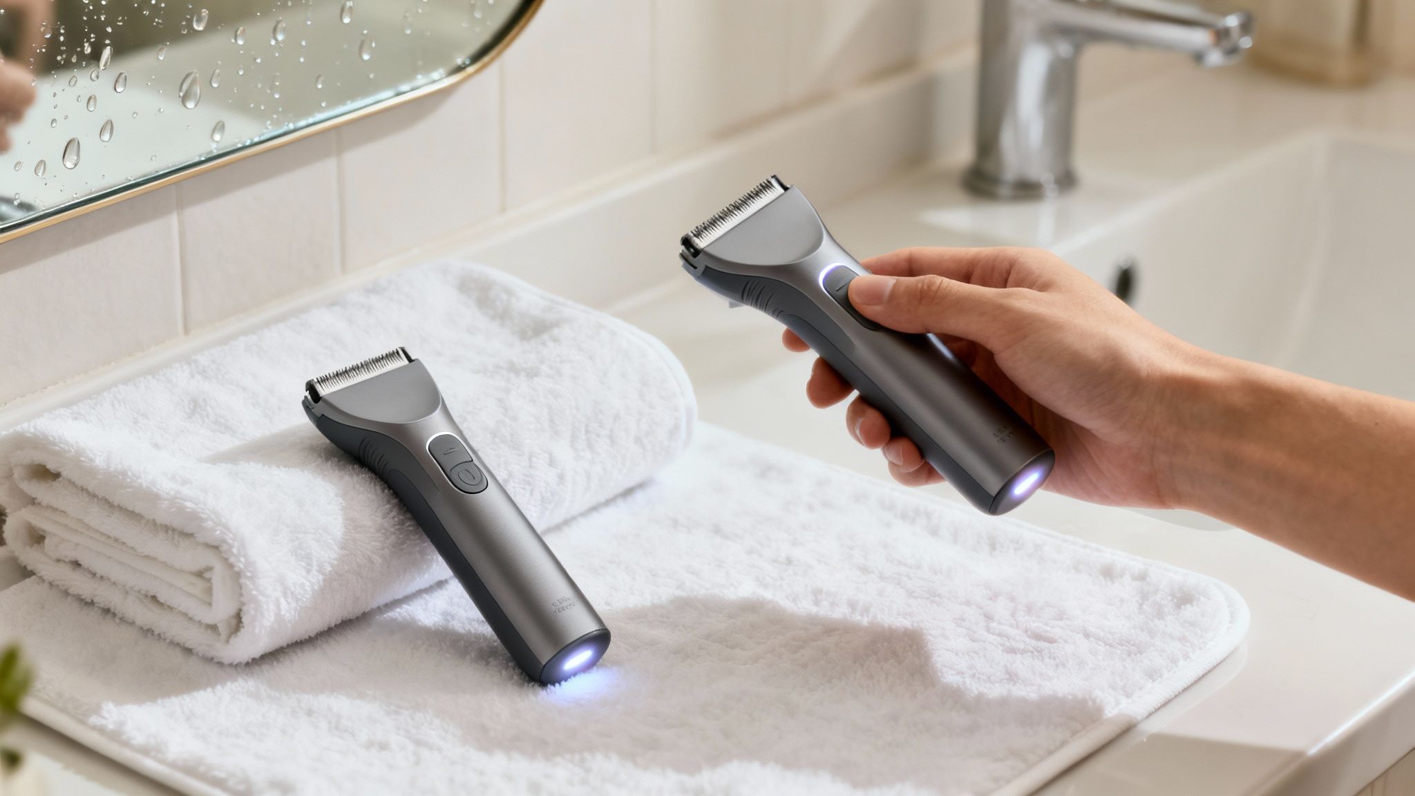 Zwei elektrische Rasierer auf einem Handtuch im Badezimmer, einer wird von einer Hand gehalten.