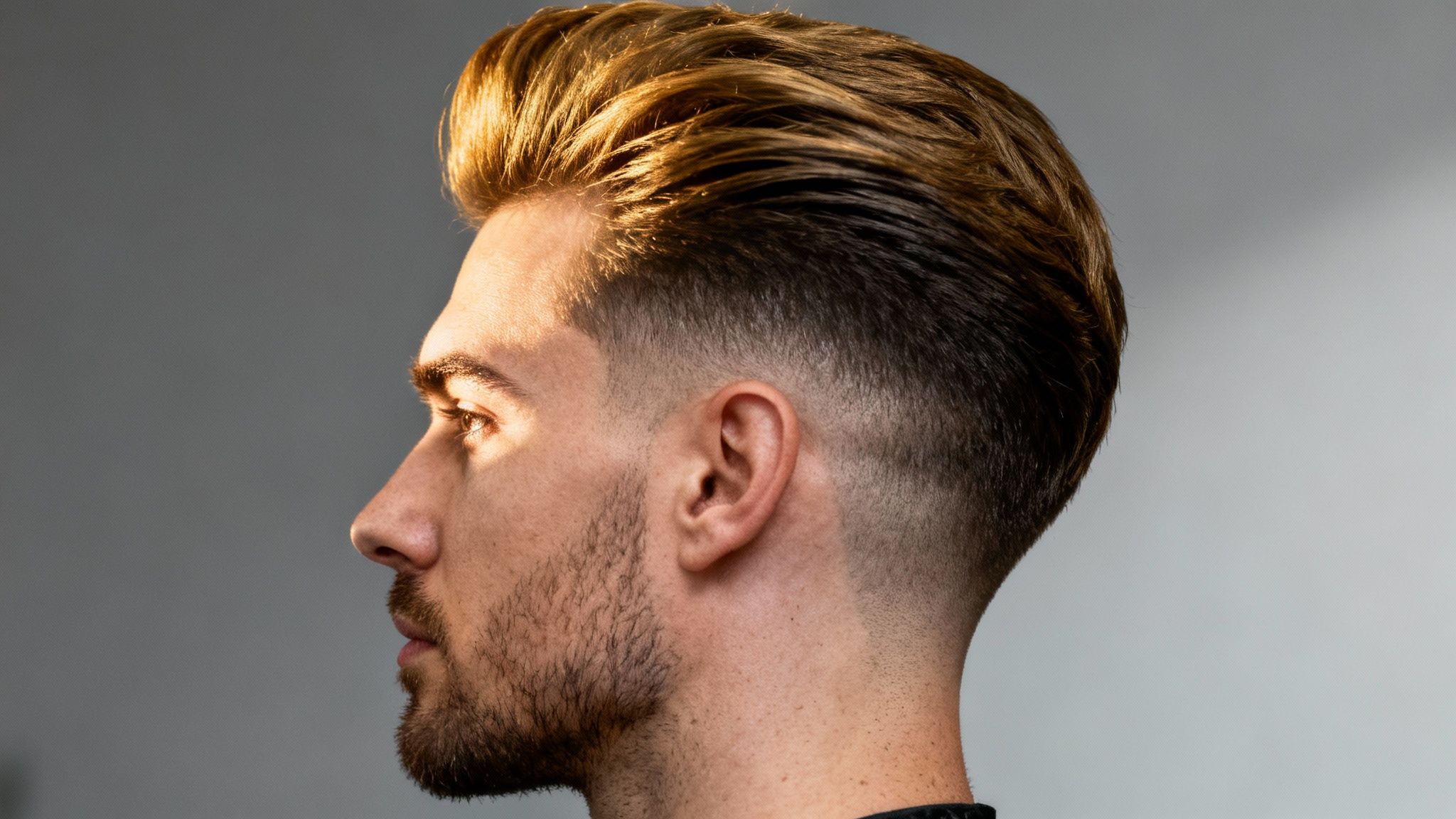 Profilaufnahme eines Mannes mit modischem Fade-Haarschnitt, goldbraunem Haar und Bart.
