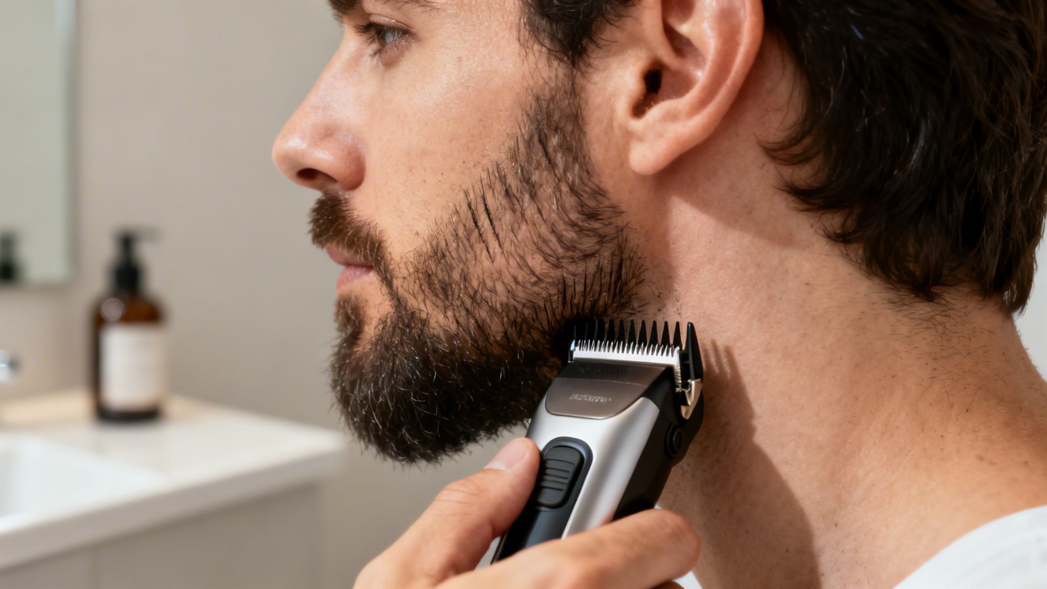 Ein Mann trimmt seinen Bart mit einem elektrischen Rasierer in einem Badezimmer vor einem Spiegel.