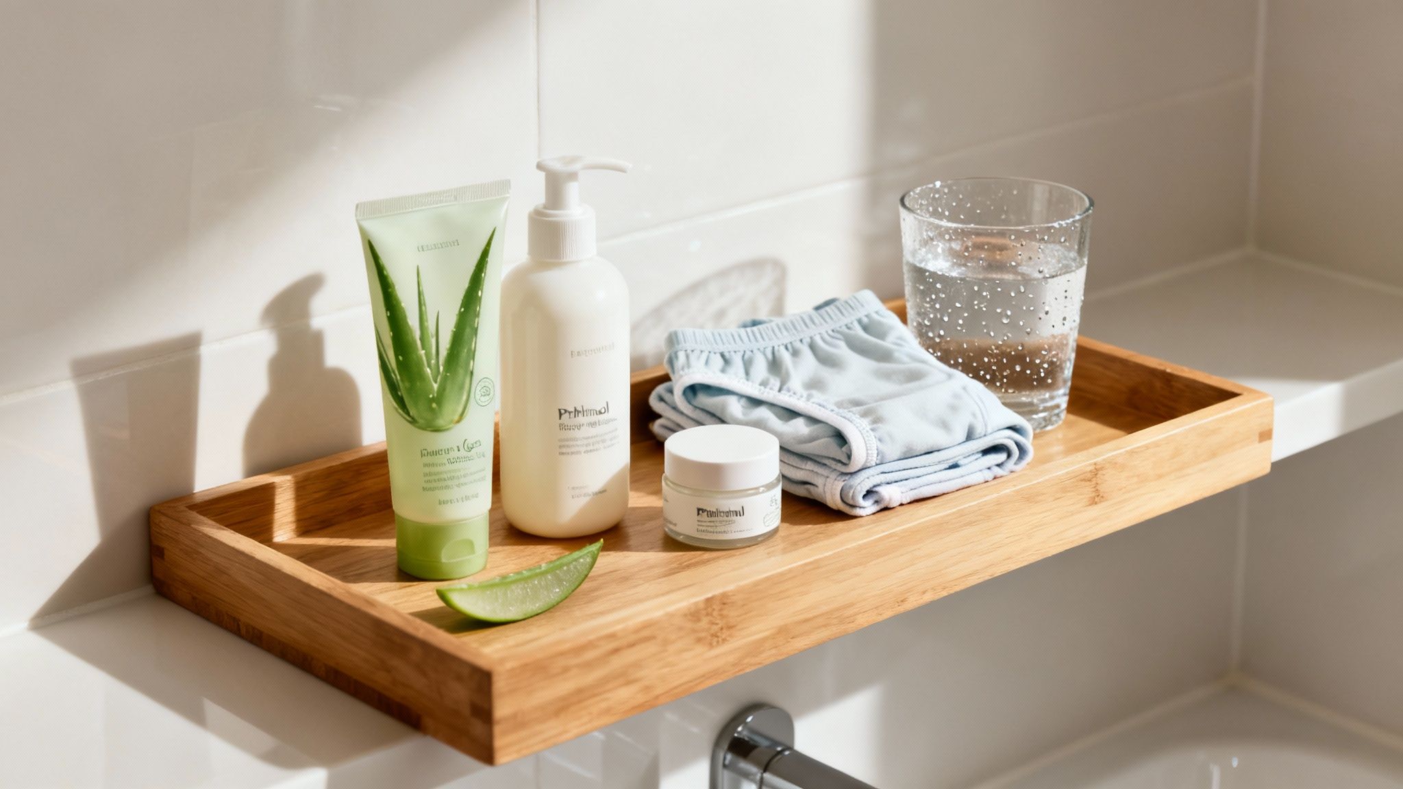 Badewannentablett mit Aloe-Vera-Produkten, blauer Unterwäsche und einem Glas Wasser für Pflege und Entspannung.