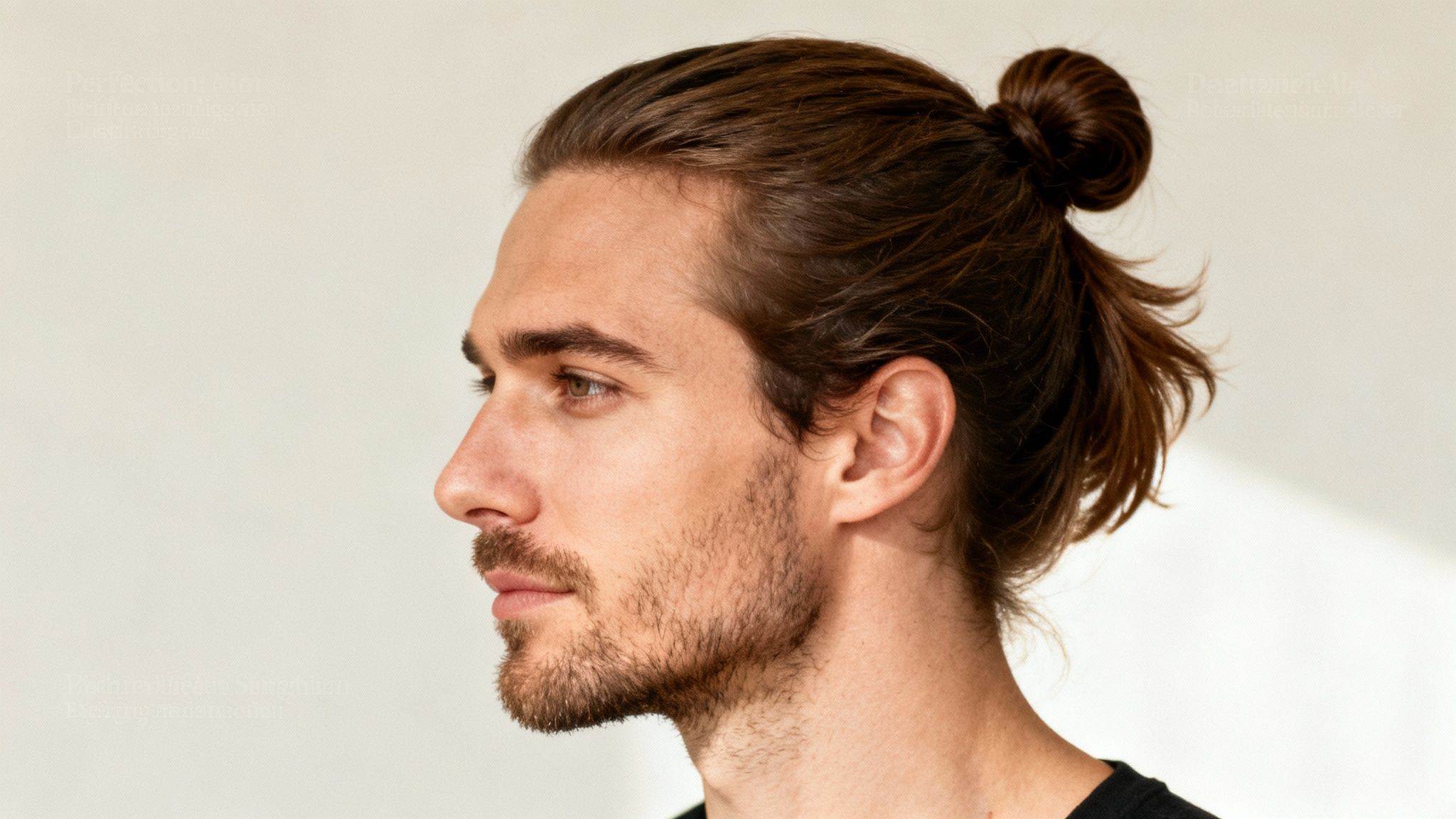 Ein Mann mit langen braunen Haaren im Dutt und Bart in Seitenansicht.