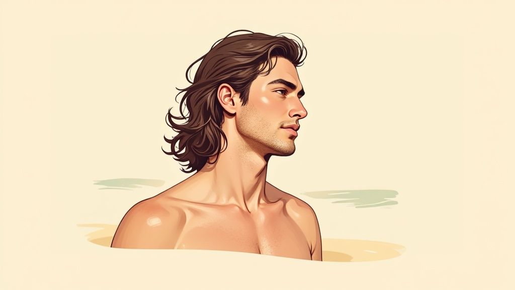 Stylisierte Illustration eines Mannes mit langen, welligen braunen Haaren und nacktem Oberkörper, der nach rechts blickt.