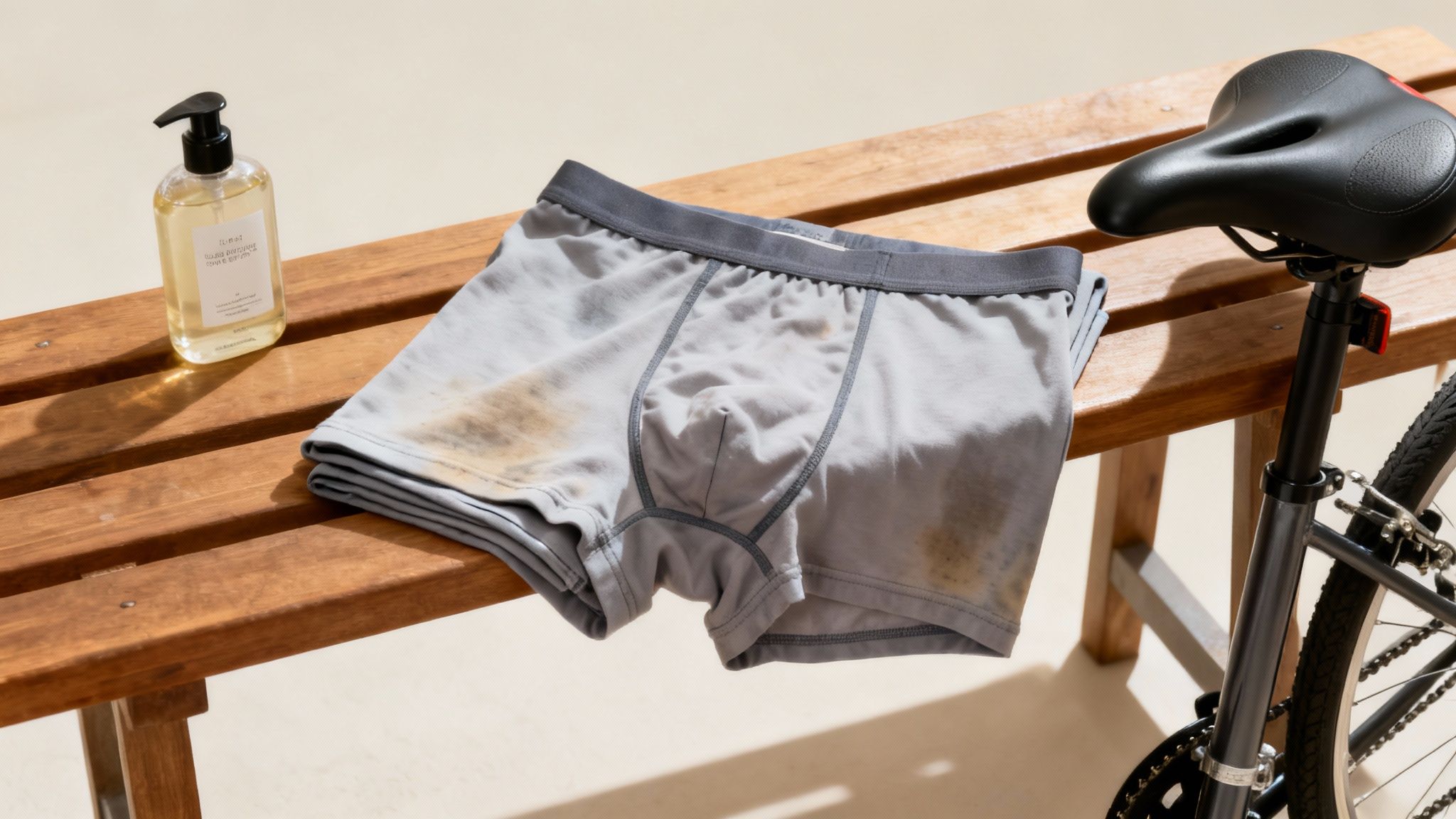 Ein verschmutzter Herren-Boxershorts liegt neben einer Seifenflasche auf einer Holzbank mit einem Fahrrad.