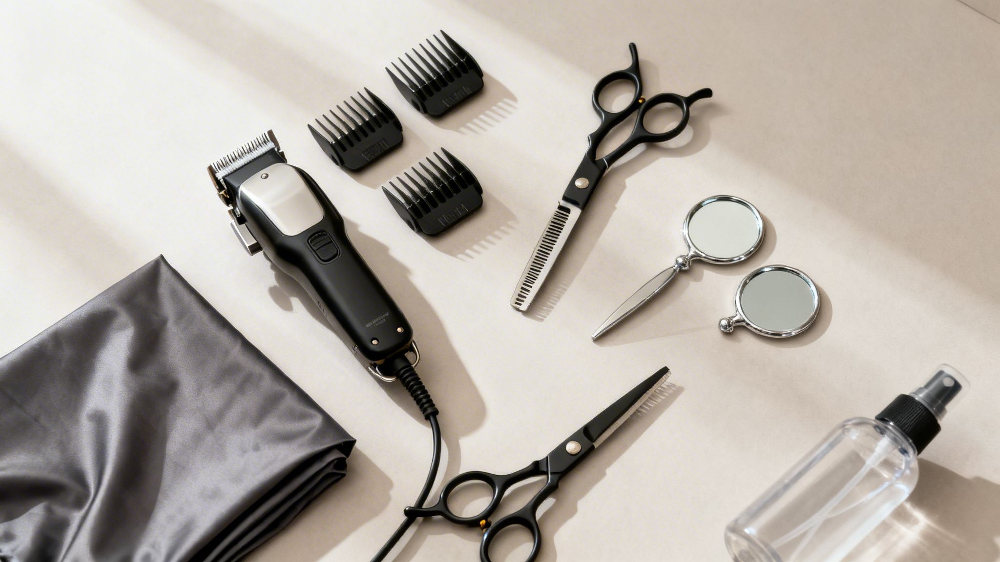 Haarschneider, Scheren, Aufsätze und andere Friseurwerkzeuge für den Haarschnitt zu Hause auf hellem Hintergrund.