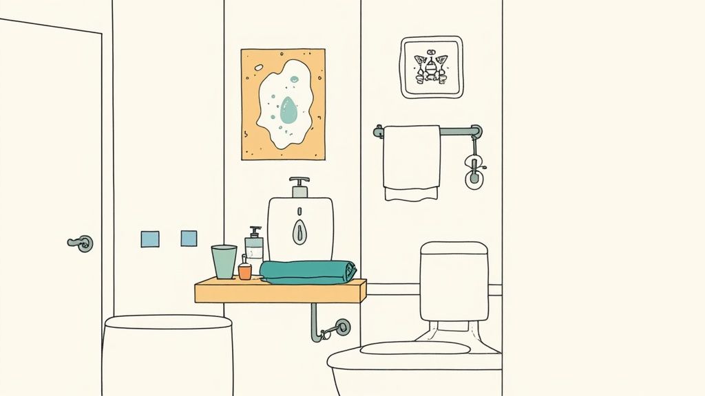 Minimalistisches Badezimmer mit Toilette, Regal, Handtuchhalter und zwei gerahmten Bildern.