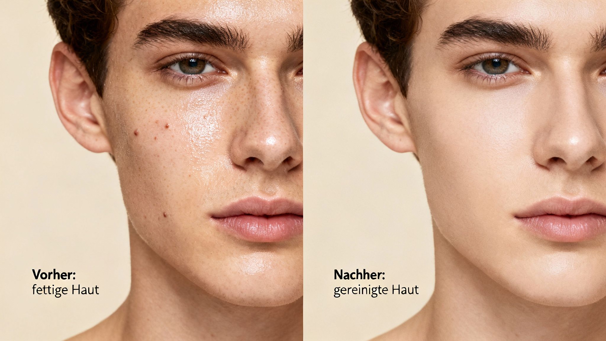 Vorher-Nachher-Vergleich des Gesichts eines Mannes mit fettiger und gereinigter Haut.