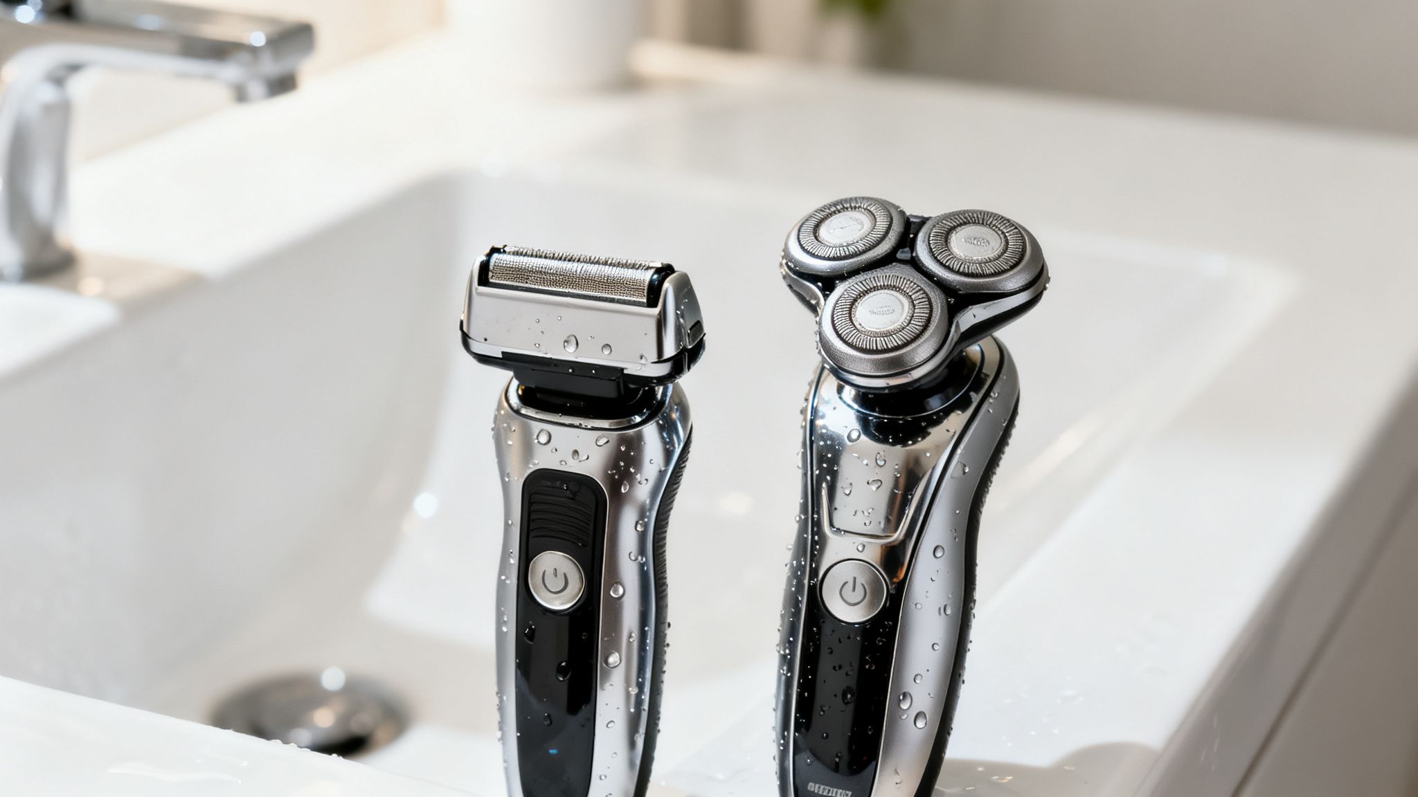 Zwei glänzende, nasse Elektrorasierer stehen auf dem Rand eines weißen Waschbeckens bereit.