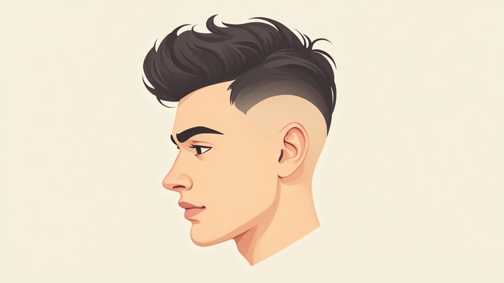 Seitenprofil eines jungen Mannes mit modischer Frisur, dunklem Haar und Undercut-Style.
