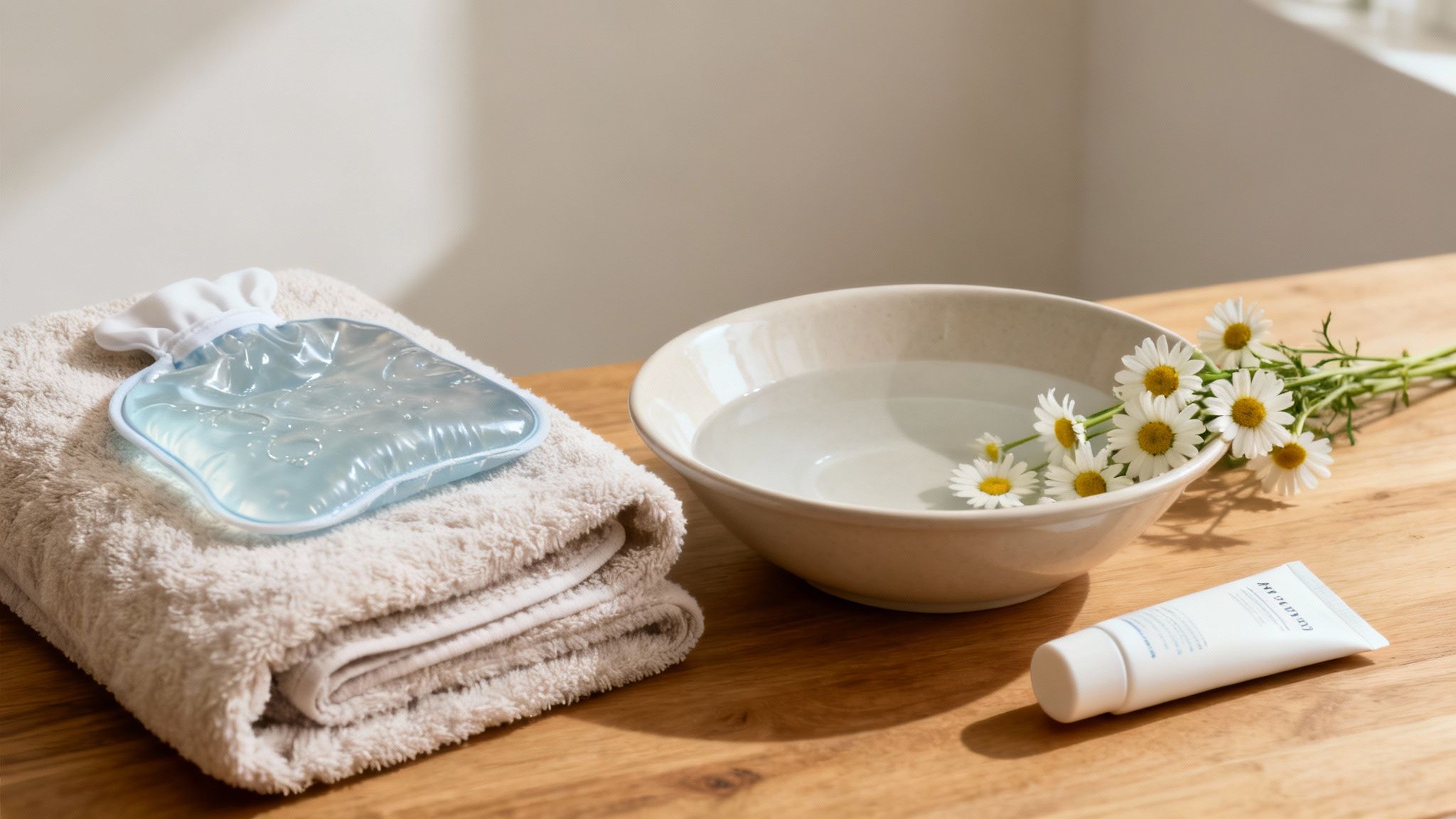 Sanfte Hautpflege-Routine mit Handtuch, kühlem Gelpack, Kamillenblüten in Wasser und einer Tube Creme auf Holz.