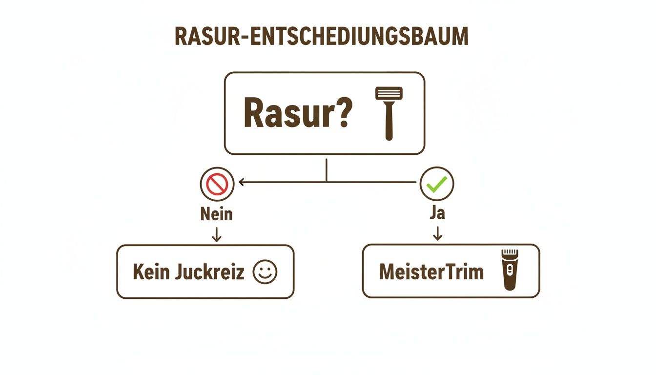 Rasur-Entscheidungsbaum: Nicht rasieren vermeidet Juckreiz, Rasieren führt zu MeisterTrim mit Trimmer-Symbol.