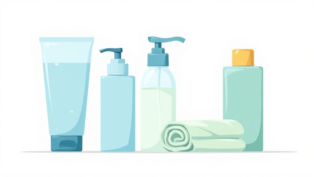Vier hellblaue und grüne Pflegeprodukte sowie zwei gerollte Handtücher auf weißem Hintergrund.