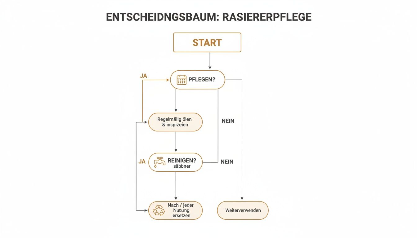 Ein Entscheidungsbaum zur Pflege von Rasierern, der Schritte wie Ölen, Reinigen und Ersetzen basierend auf Ja/Nein-Entscheidungen darstellt.