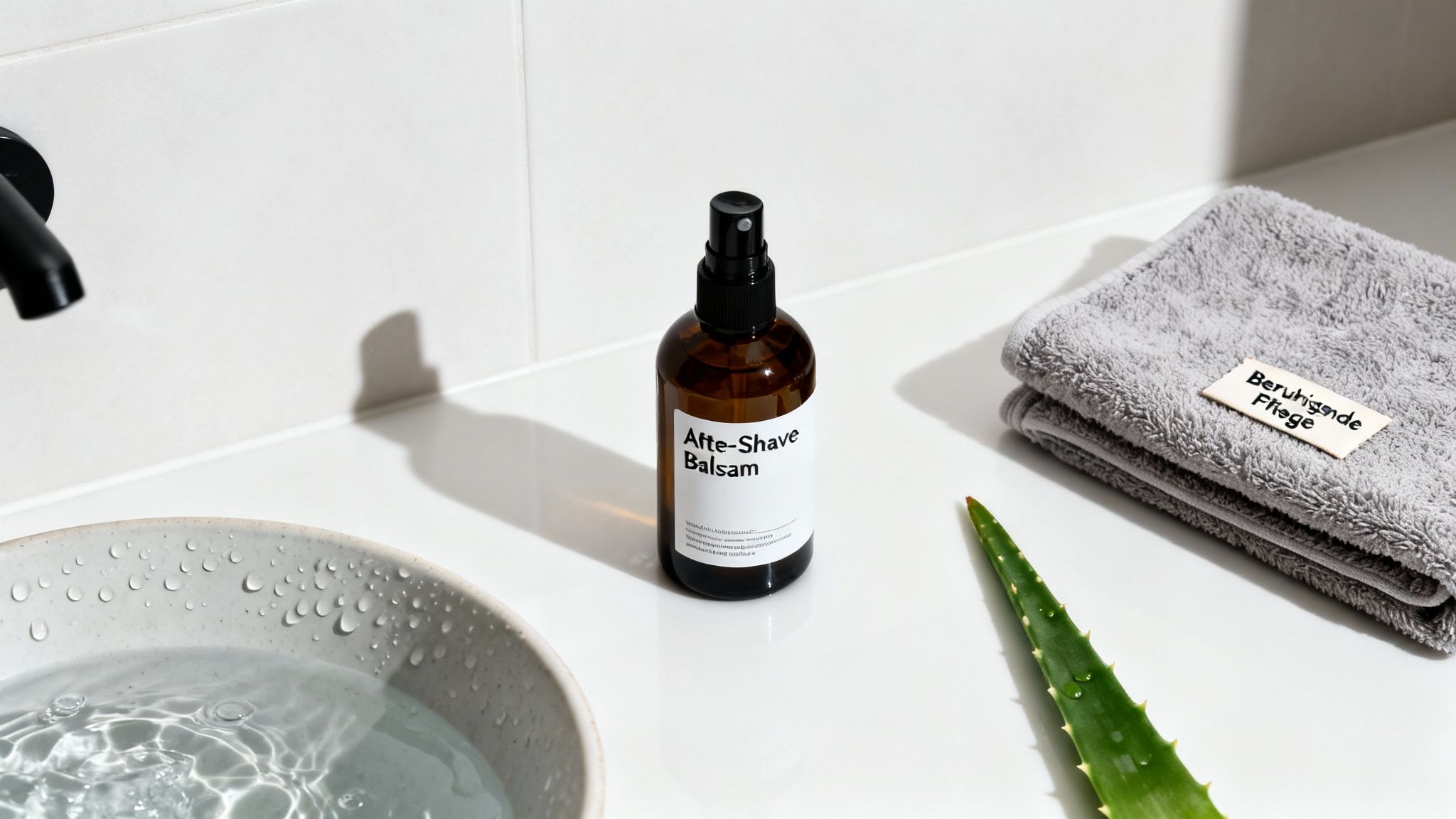After-Shave Balsam auf Waschtisch mit Handtuch, Aloe Vera und fließendem Wasser.