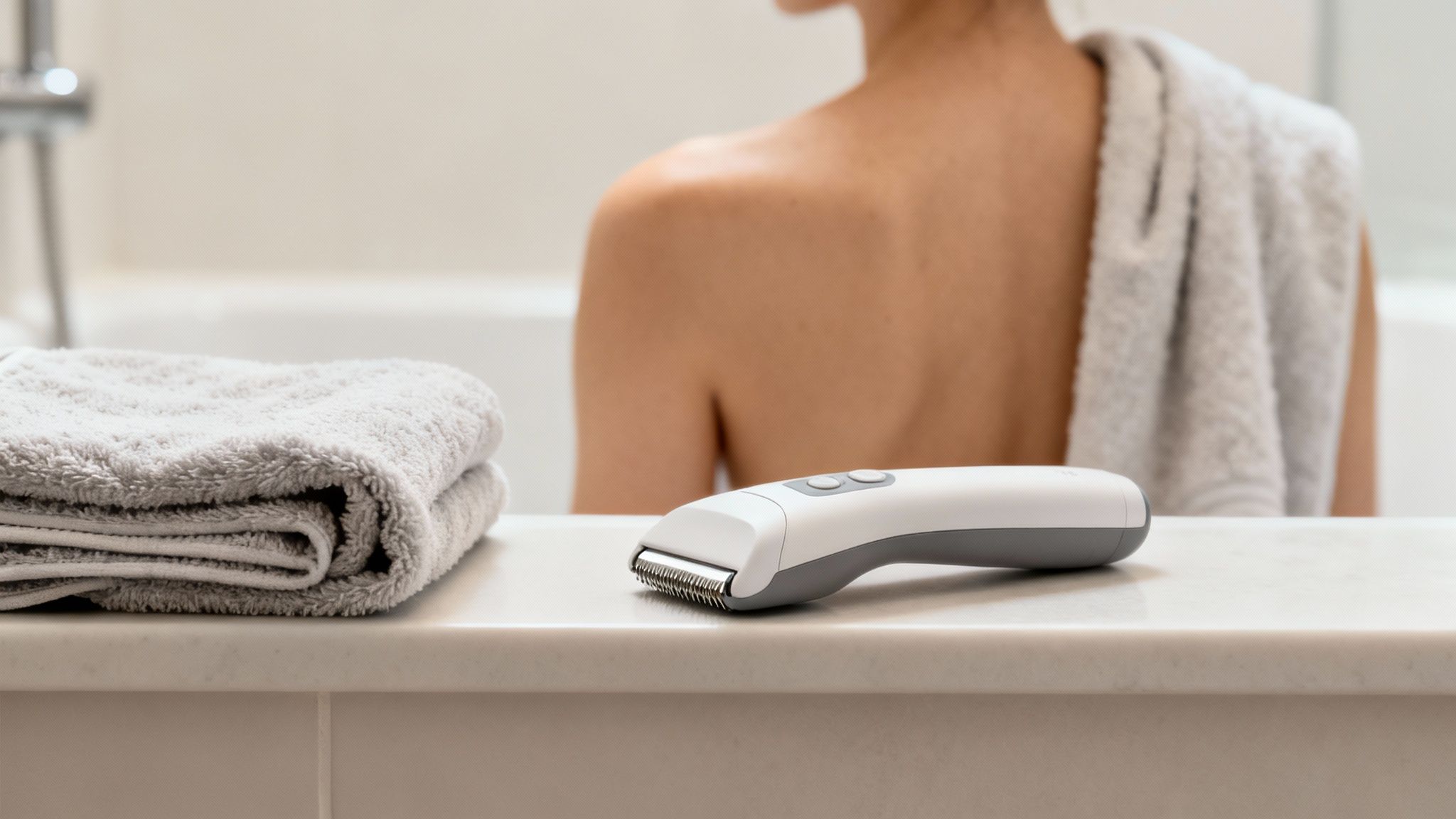 Eine Frau sitzt mit dem Rücken zur Kamera in einer Badewanne, mit einem Rasierer und Handtüchern im Vordergrund.