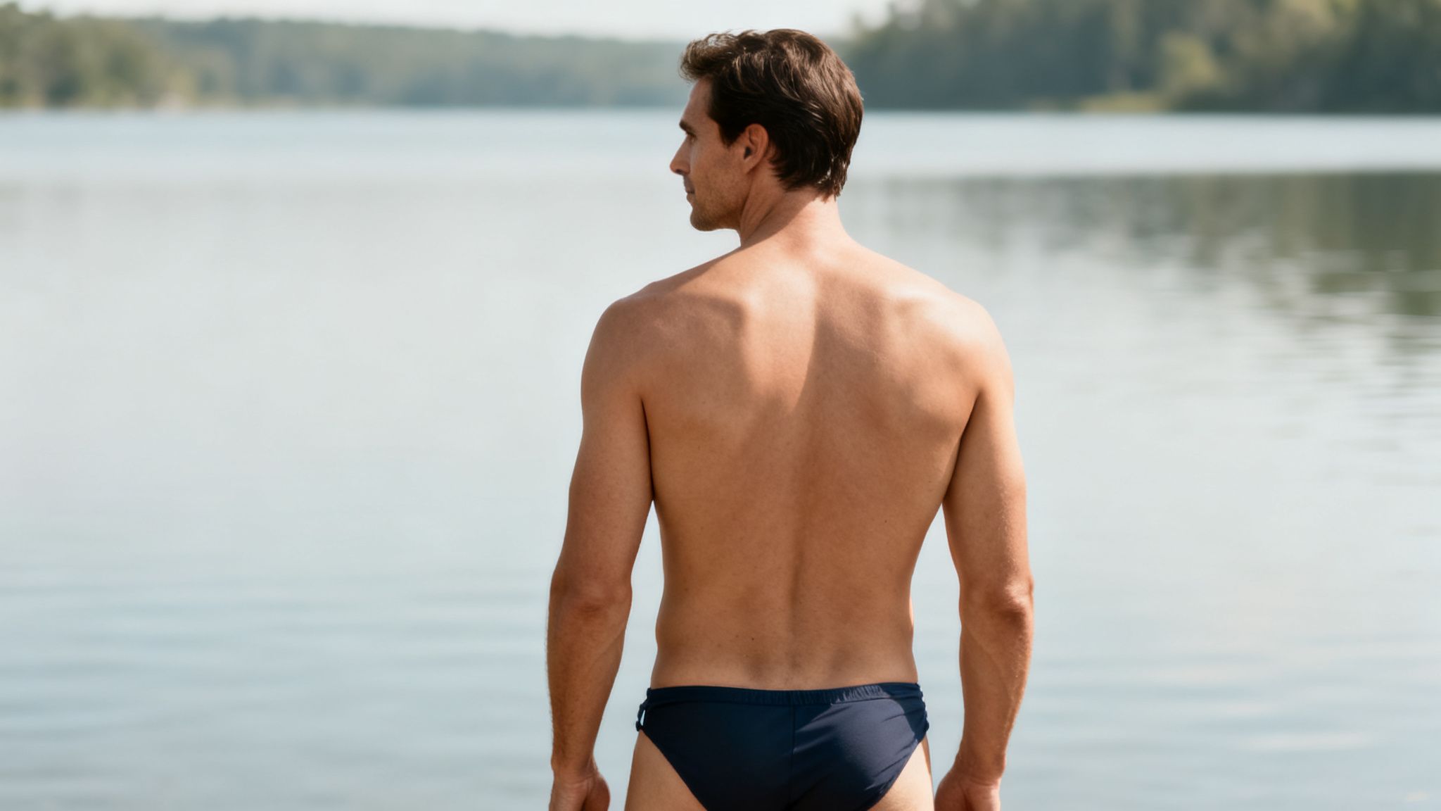 Ein muskulöser Mann steht am Seeufer, den Rücken zur Kamera, trägt eine blaue Badehose und blickt zur Seite.