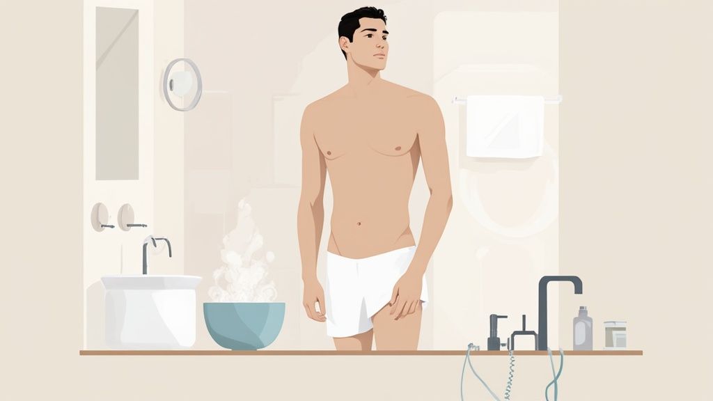 Ein Mann in Unterwäsche steht im Badezimmer neben einer Schüssel mit heißem Wasser und Spüle.